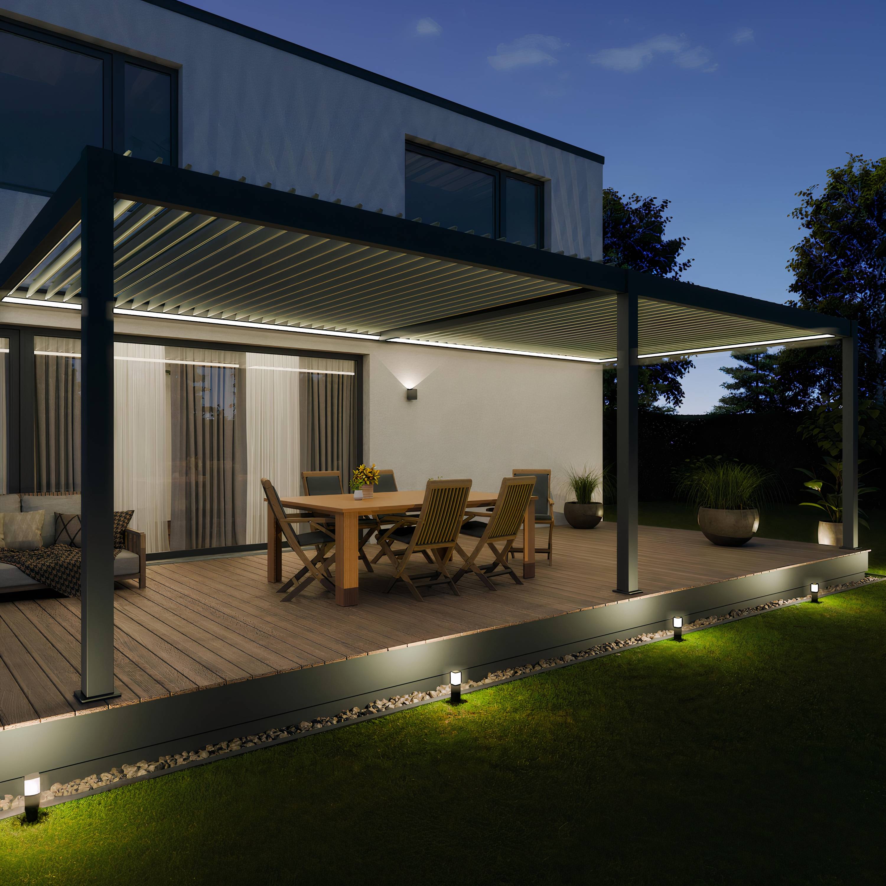 Pergola Bioclimatique Aluminium Adossée 32m² - 4x8m - Kit LED Inclus  - Anthracite - 50 lames en Aluminium a 120 degrés - HALO - Image 1