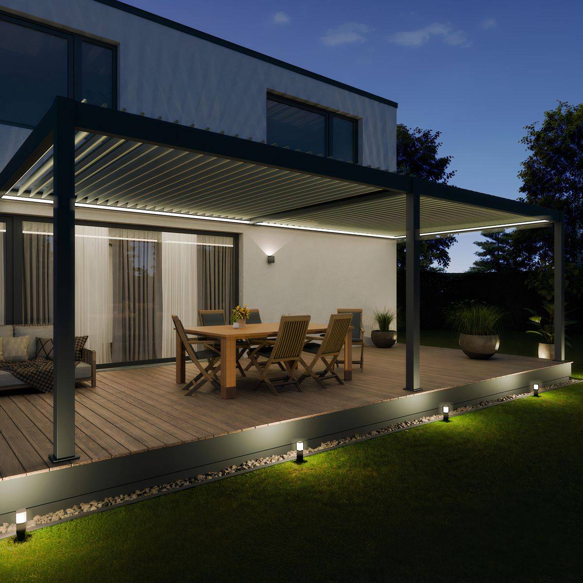 Direct Abris - Pergola Bioclimatique Aluminium Adossée 32m² - 4x8m - Kit LED Inclus - Anthracite - 50 lames en Aluminium a 120 degrés - ELIOS - Image 1