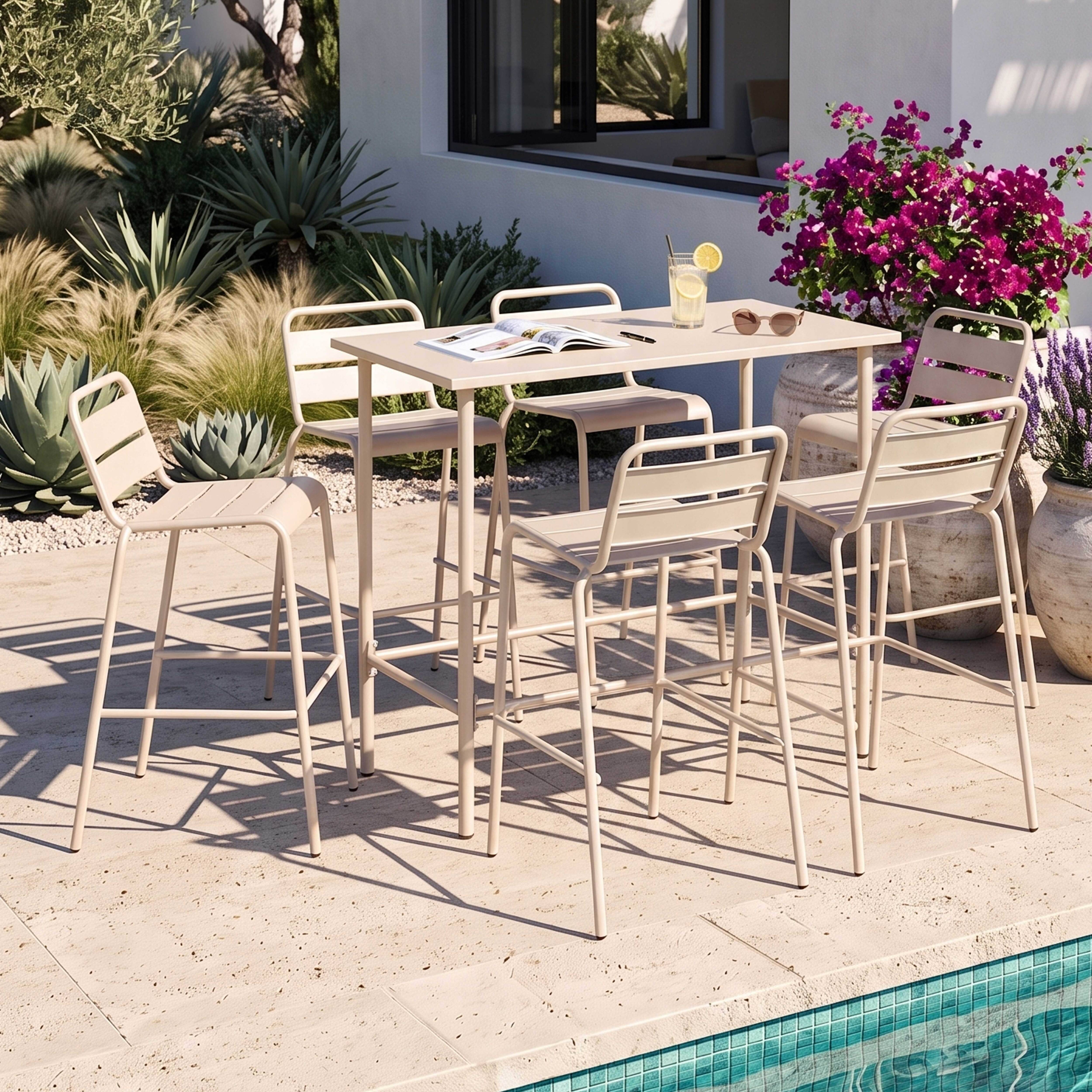 Oviala - Ensemble table haute de jardin et 6 chaises en métal ivoire Palavas - Oviala - Imagen 2