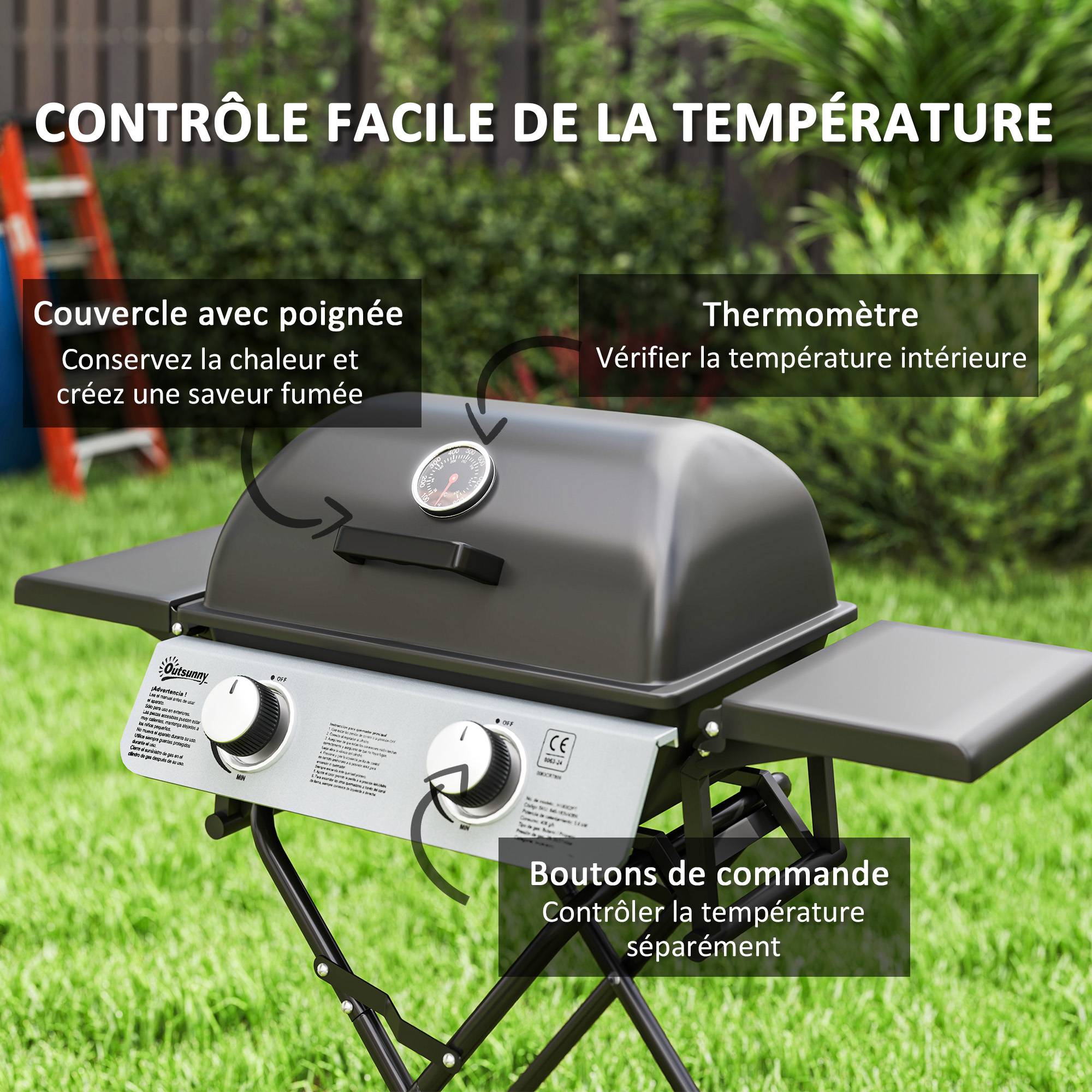 Barbecue gaz transportable, 2 brûleurs 5,6 kW, barbecue gaz de camping avec étagères latérales thermomètre et roues, noir - Image 8