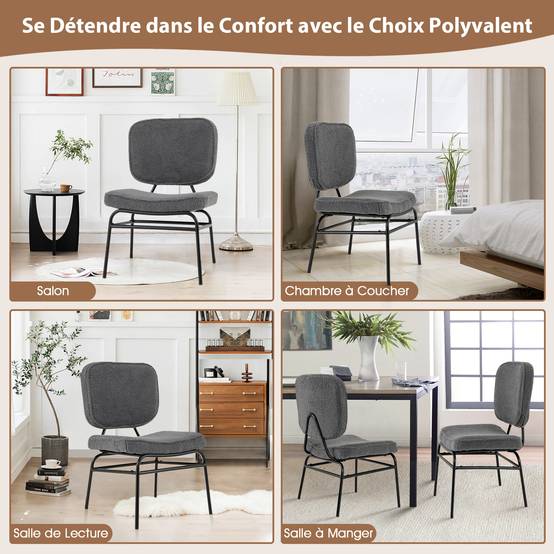 Costway - Chaises de Salle à Manger Scandinave en Sherpa, Fauteuil Accent Rembourrage en Éponge, Patins Ajustables & Cadre en Métal, Gris - Image 5