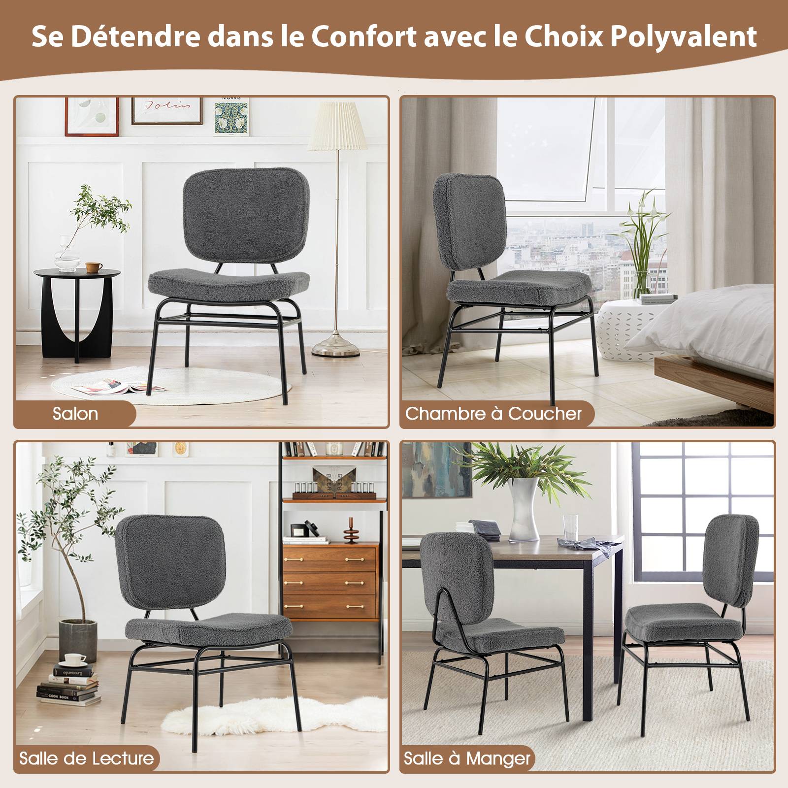 Costway - Chaises de Salle à Manger Scandinave en Sherpa, Fauteuil Accent Rembourrage en Éponge, Patins Ajustables & Cadre en Métal, Gris - Image 5