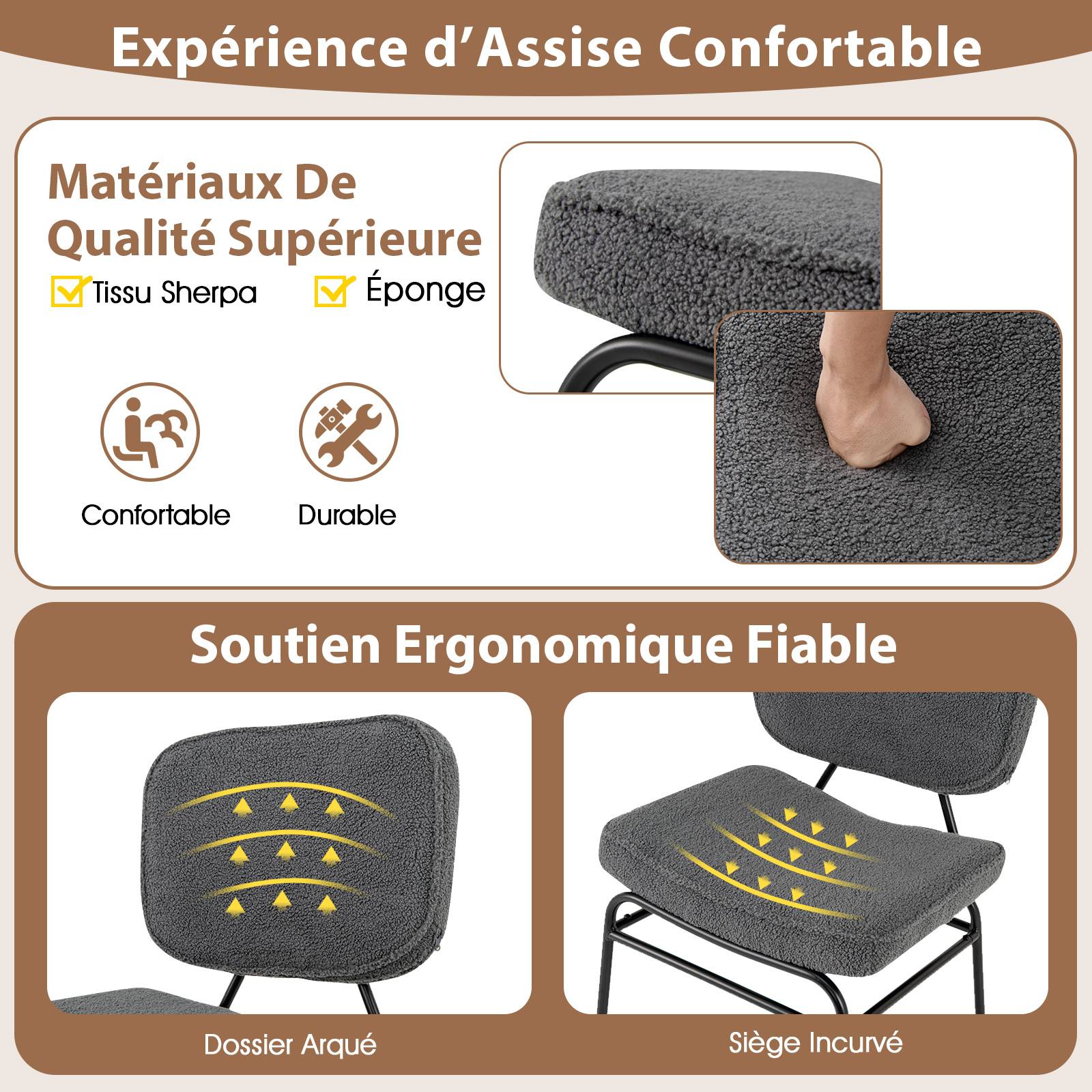 Costway - Chaises de Salle à Manger Scandinave en Sherpa, Fauteuil Accent Rembourrage en Éponge, Patins Ajustables & Cadre en Métal, Gris - Image 3