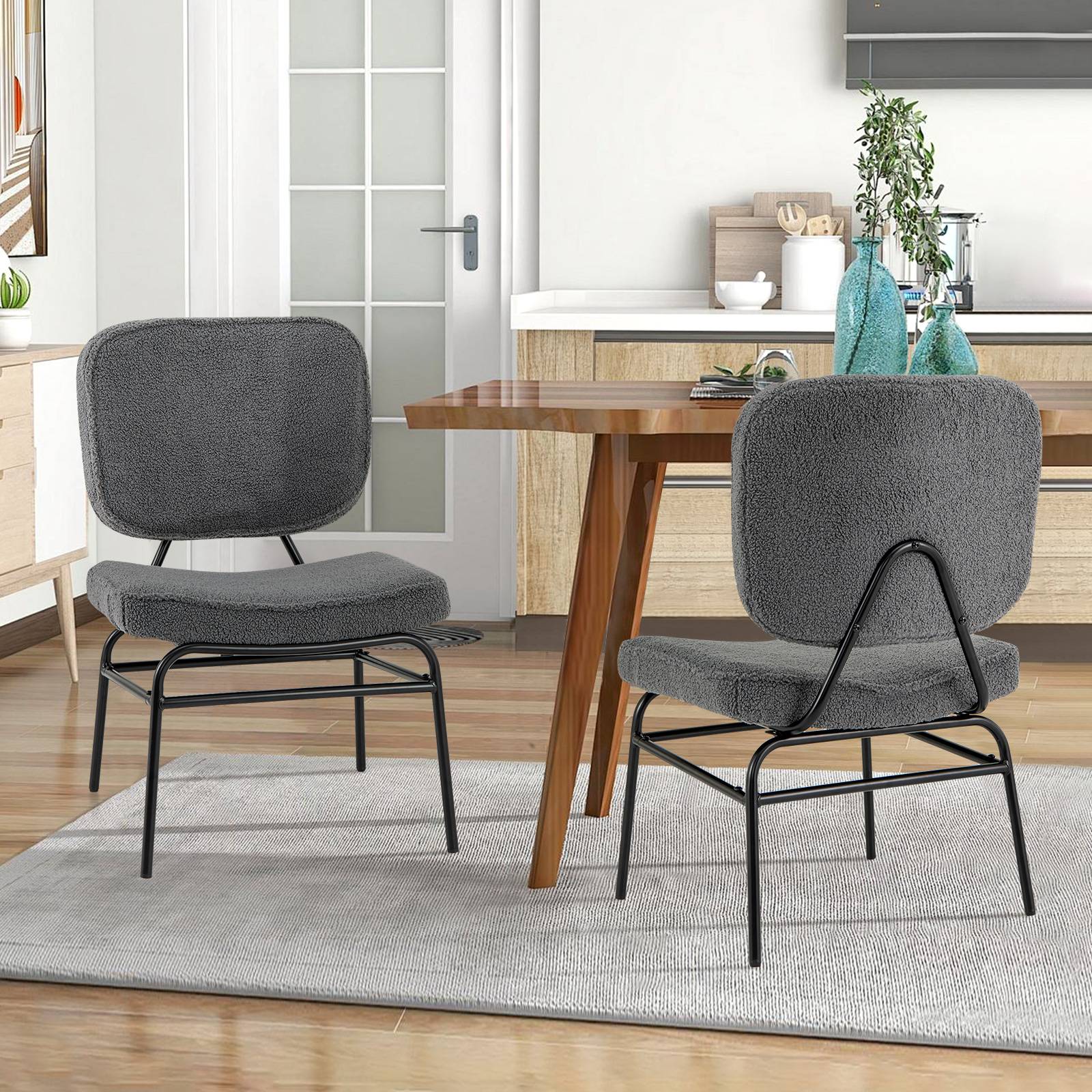 Costway - Chaises de Salle à Manger Scandinave en Sherpa, Fauteuil Accent Rembourrage en Éponge, Patins Ajustables & Cadre en Métal, Gris - Image 9