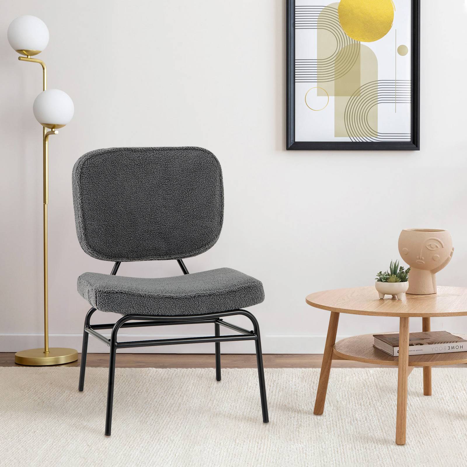 Costway - Chaises de Salle à Manger Scandinave en Sherpa, Fauteuil Accent Rembourrage en Éponge, Patins Ajustables & Cadre en Métal, Gris - Image 6