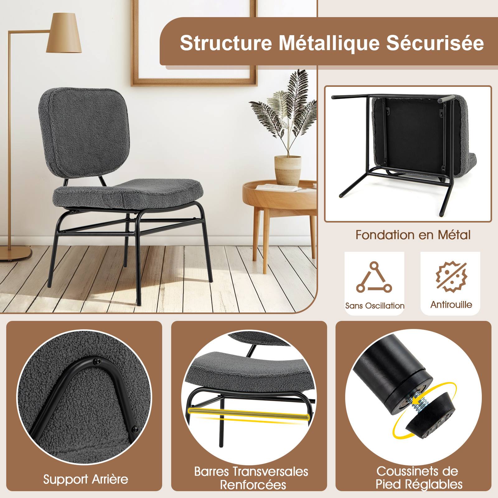 Costway - Chaises de Salle à Manger Scandinave en Sherpa, Fauteuil Accent Rembourrage en Éponge, Patins Ajustables & Cadre en Métal, Gris - Image 4