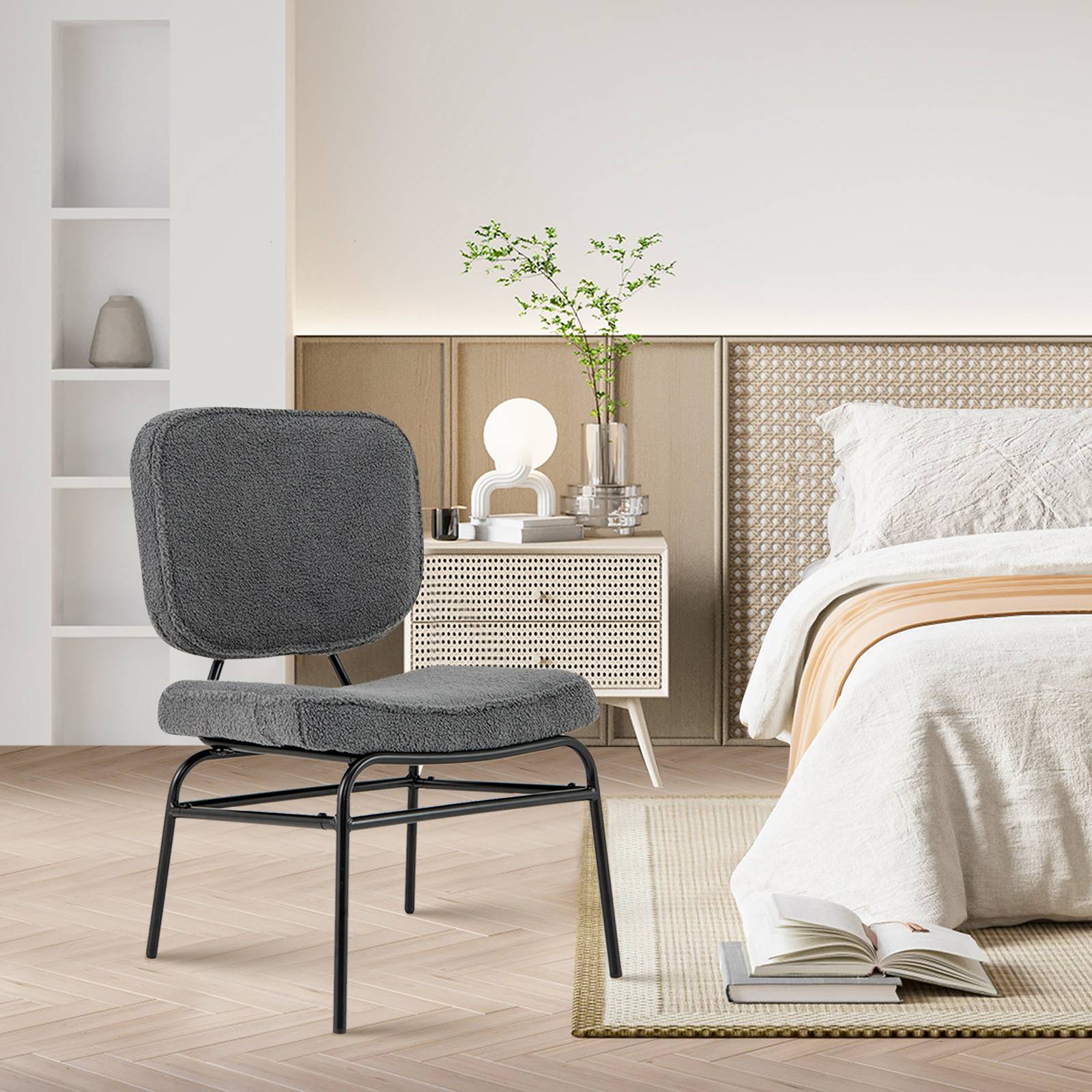 Costway - Chaises de Salle à Manger Scandinave en Sherpa, Fauteuil Accent Rembourrage en Éponge, Patins Ajustables & Cadre en Métal, Gris - Image 7