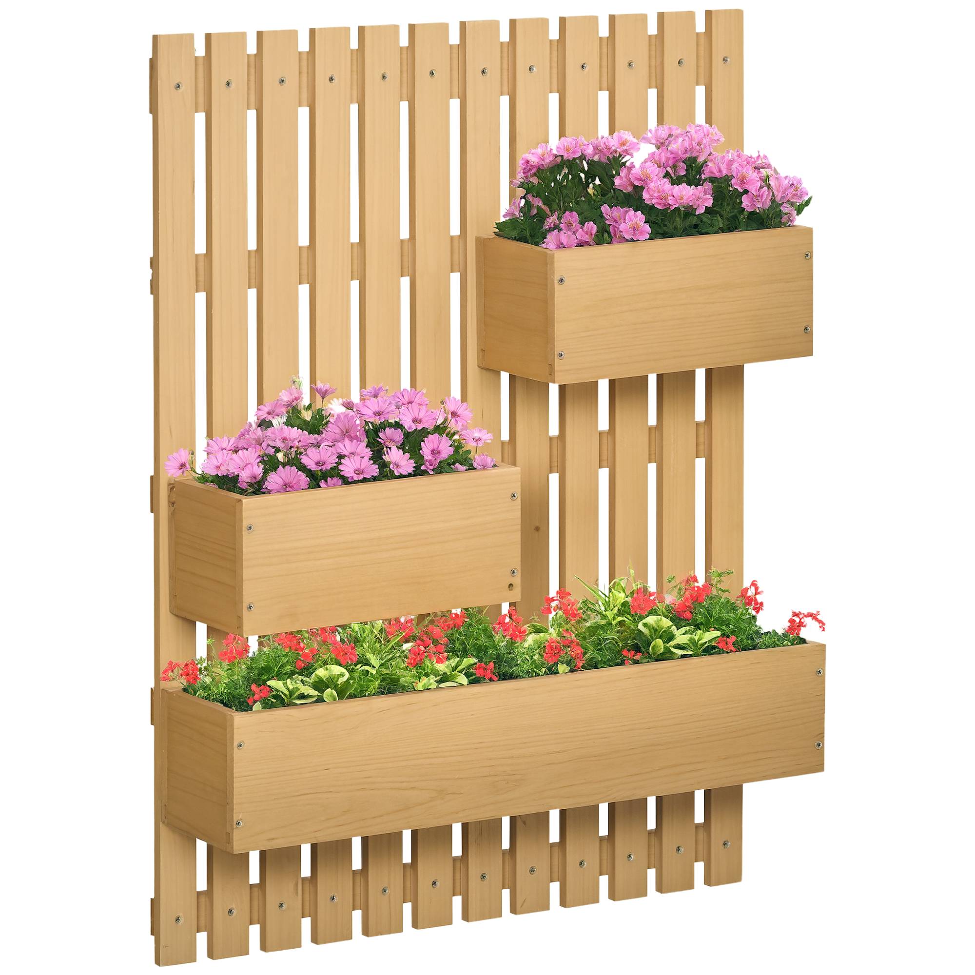 Jardinière murale en bois avec treillis et 3 pots amovibles pour jardin, terrasse ou patio, 60 x 16 x 80 cm, couleur naturelle - Image 1