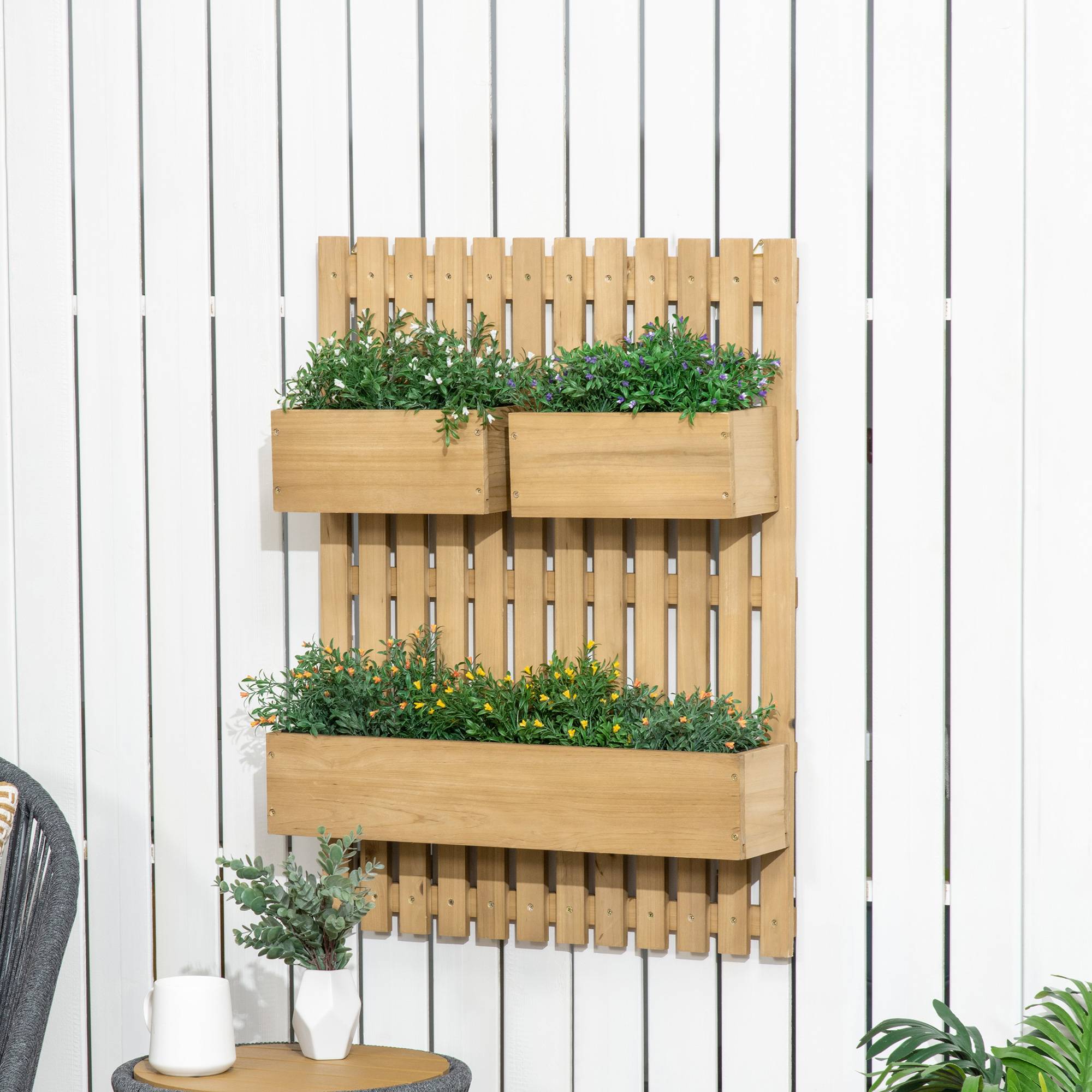 Jardinière murale en bois avec treillis et 3 pots amovibles pour jardin, terrasse ou patio, 60 x 16 x 80 cm, couleur naturelle - Image 4