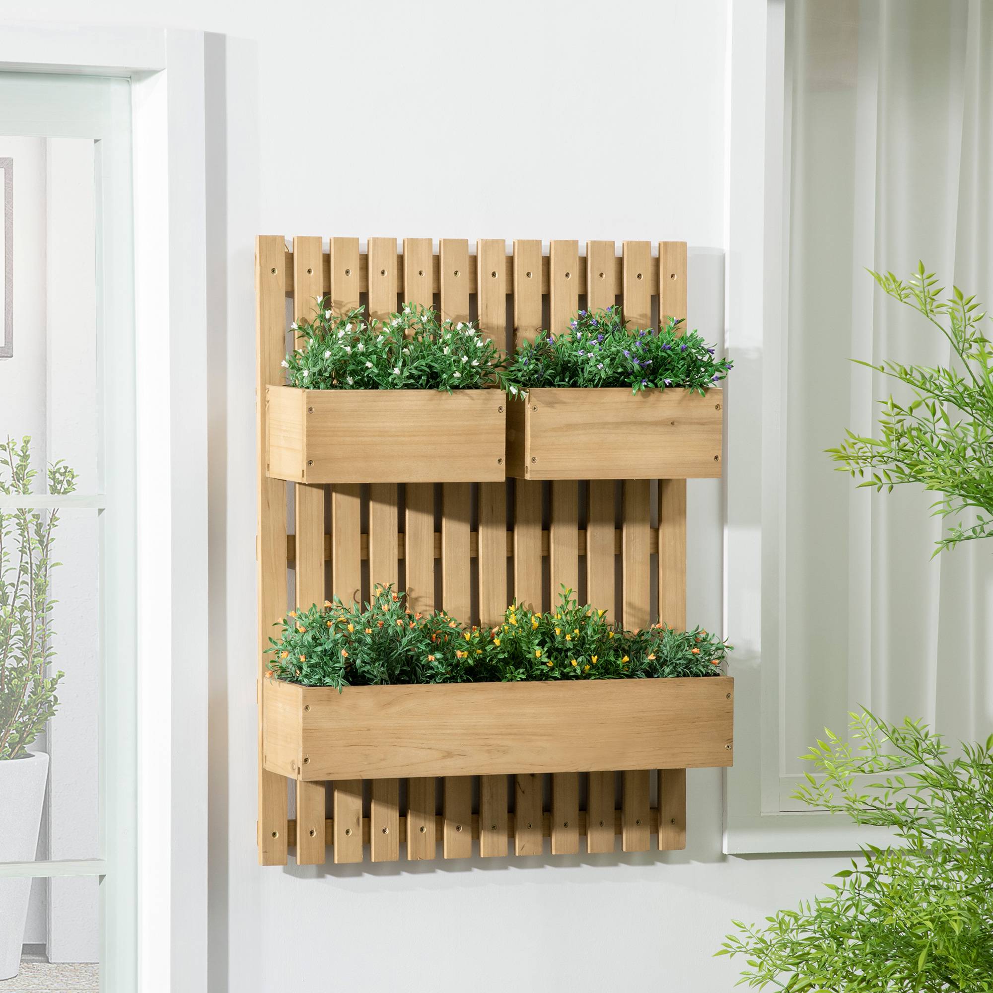 Jardinière murale en bois avec treillis et 3 pots amovibles pour jardin, terrasse ou patio, 60 x 16 x 80 cm, couleur naturelle - Image 3