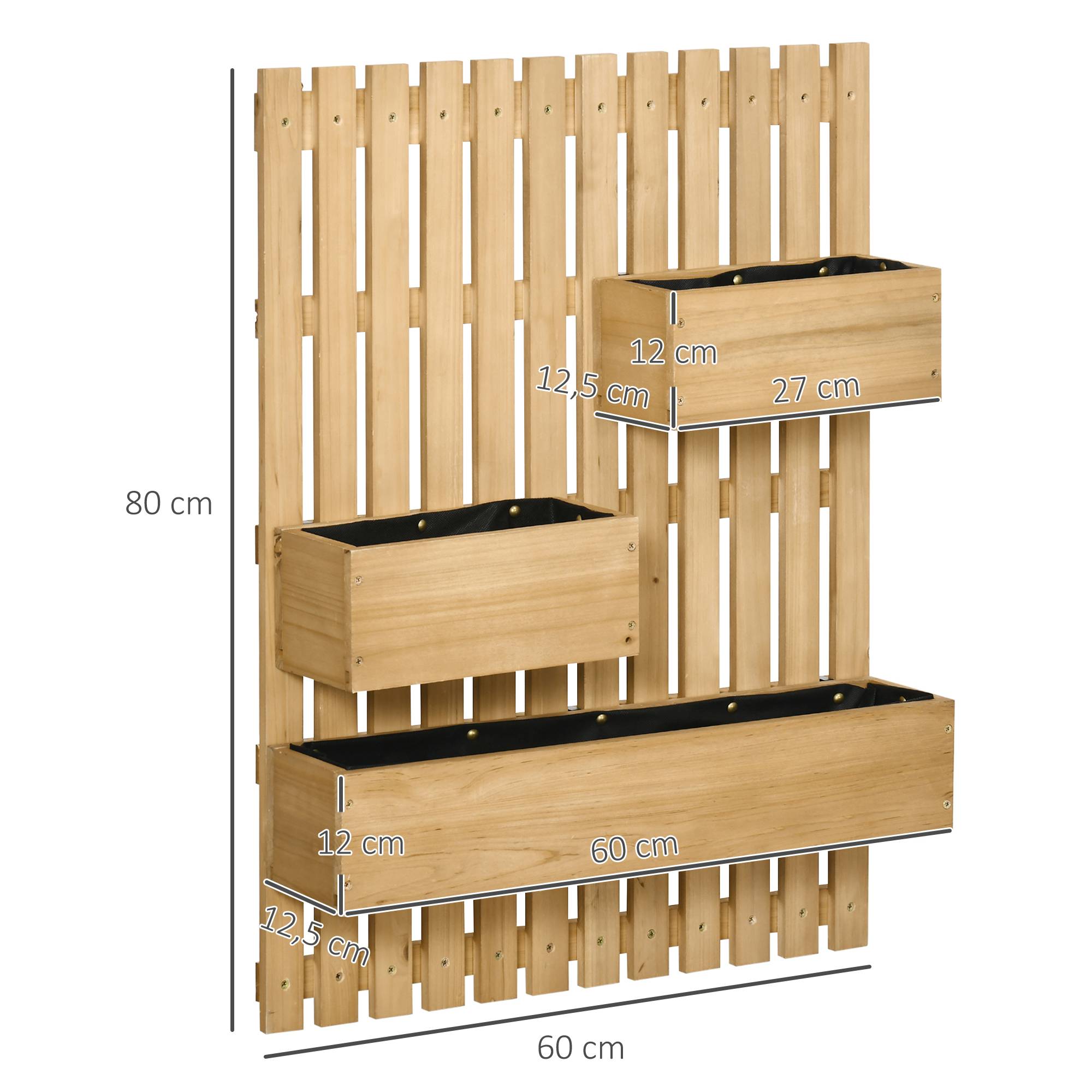 Jardinière murale en bois avec treillis et 3 pots amovibles pour jardin, terrasse ou patio, 60 x 16 x 80 cm, couleur naturelle - Image 5