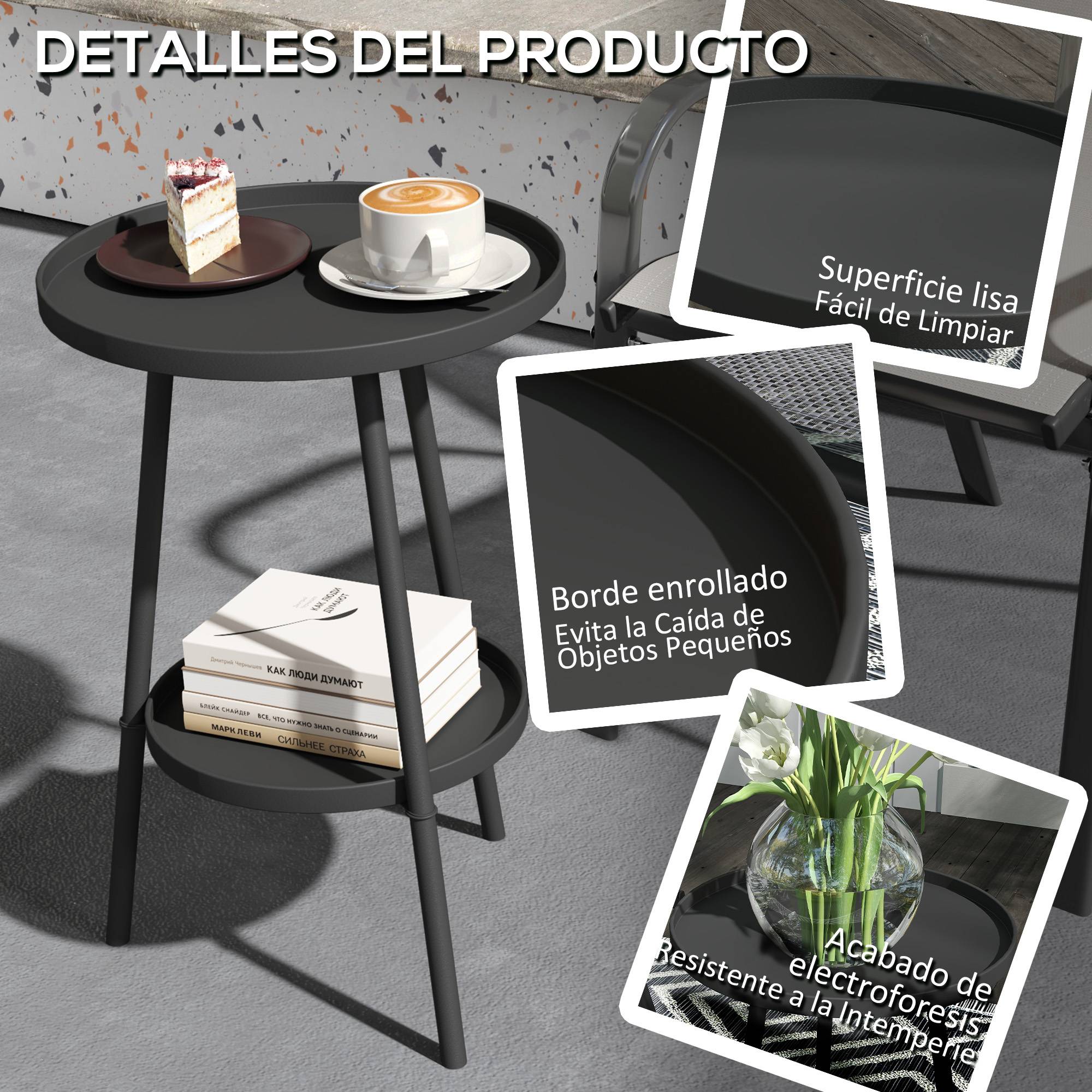 Table de jardin ronde à 2 niveaux avec rebords surélevés et plateau inférieur pour une utilisation intérieure et extérieure Ø32 x 51 cm Noir - Image 7