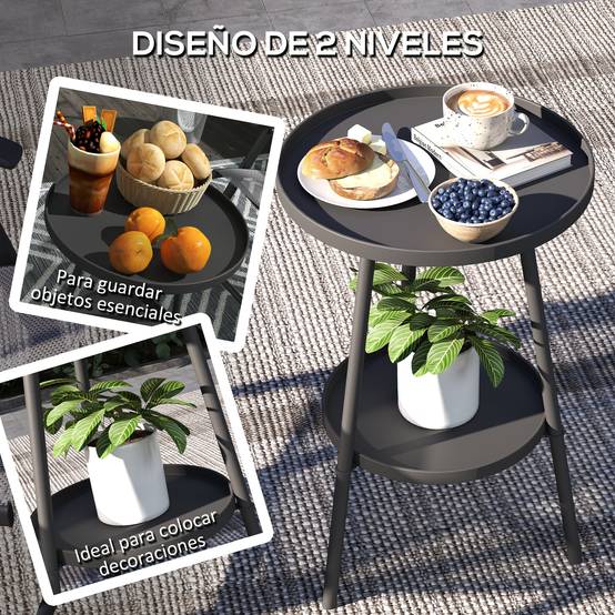 Table de jardin ronde à 2 niveaux avec rebords surélevés et plateau inférieur pour une utilisation intérieure et extérieure Ø32 x 51 cm Noir - Image 6