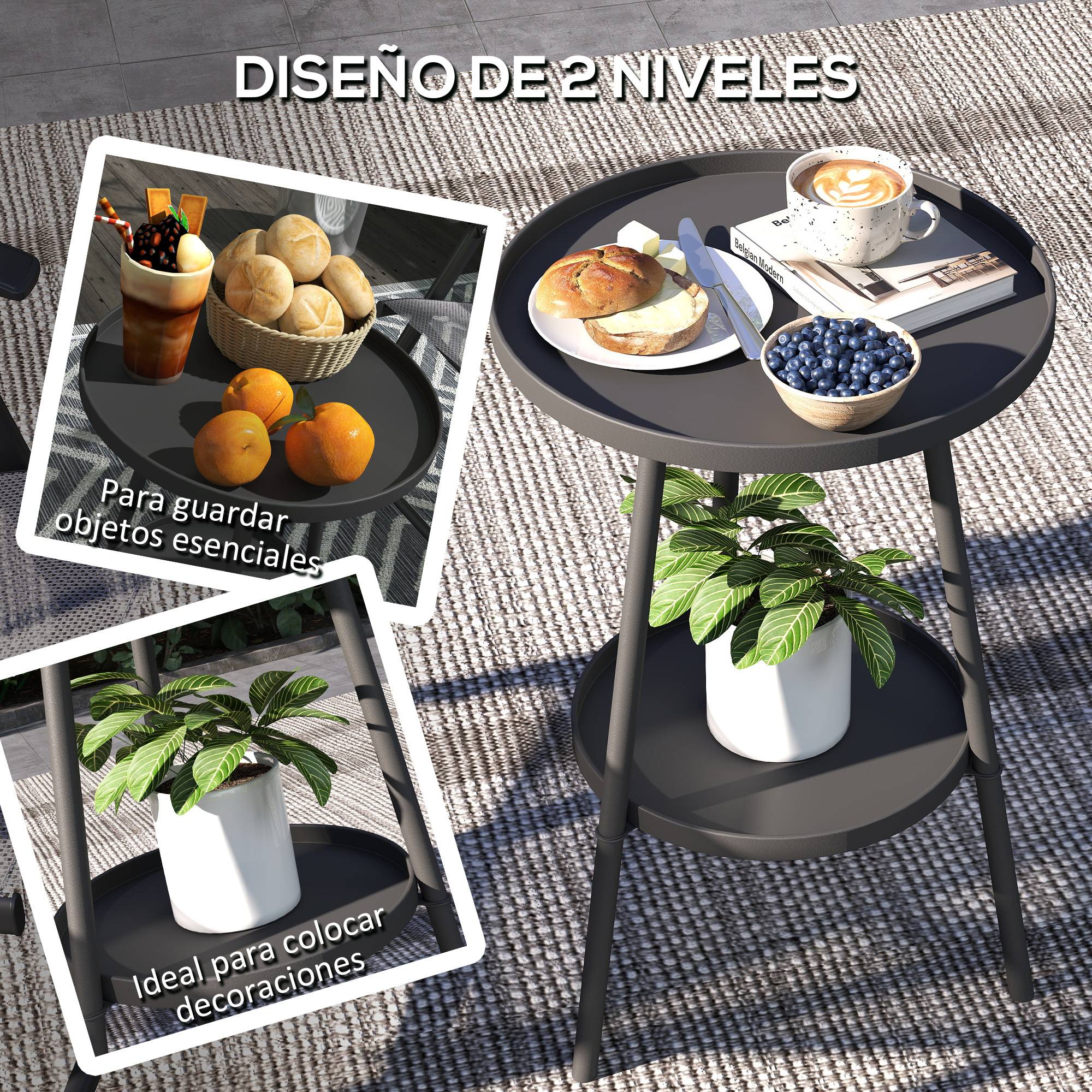 Table de jardin ronde à 2 niveaux avec rebords surélevés et plateau inférieur pour une utilisation intérieure et extérieure Ø32 x 51 cm Noir - Image 6
