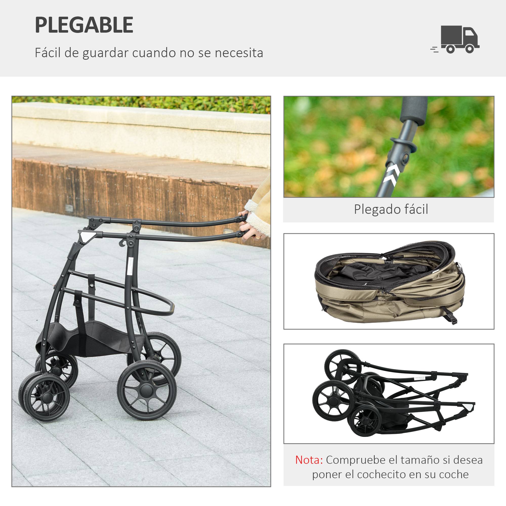 Poussette pour chien acier nacelle détachable pliable avec coussin 81x68x98cm kaki - ComfortXL Outdoor Living - Image 7