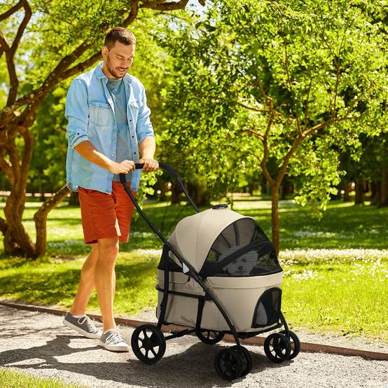 Poussette pour chien acier nacelle détachable pliable avec coussin 81x68x98cm kaki - ComfortXL Outdoor Living - Image 3