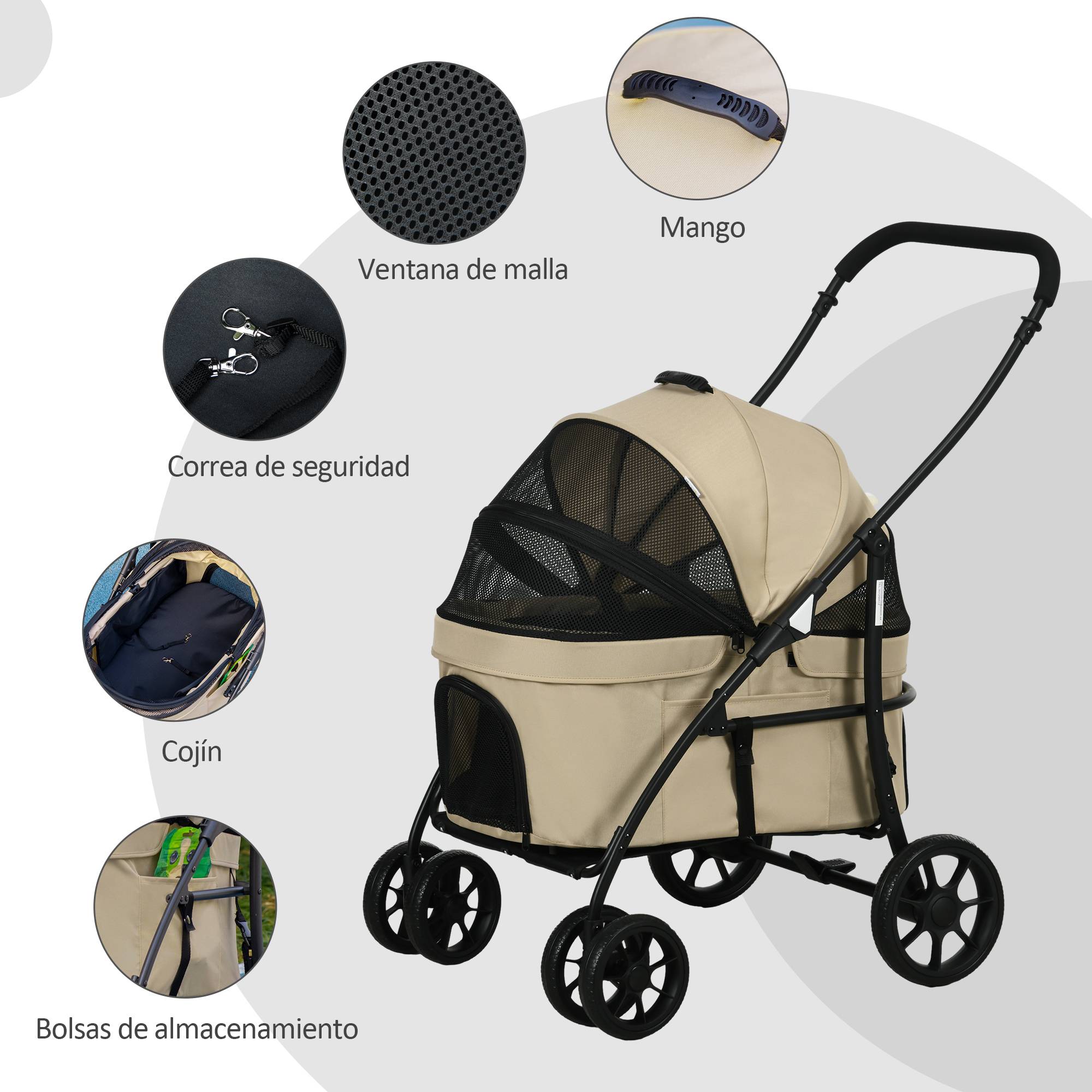 Poussette pour chien acier nacelle détachable pliable avec coussin 81x68x98cm kaki - ComfortXL Outdoor Living - Image 9