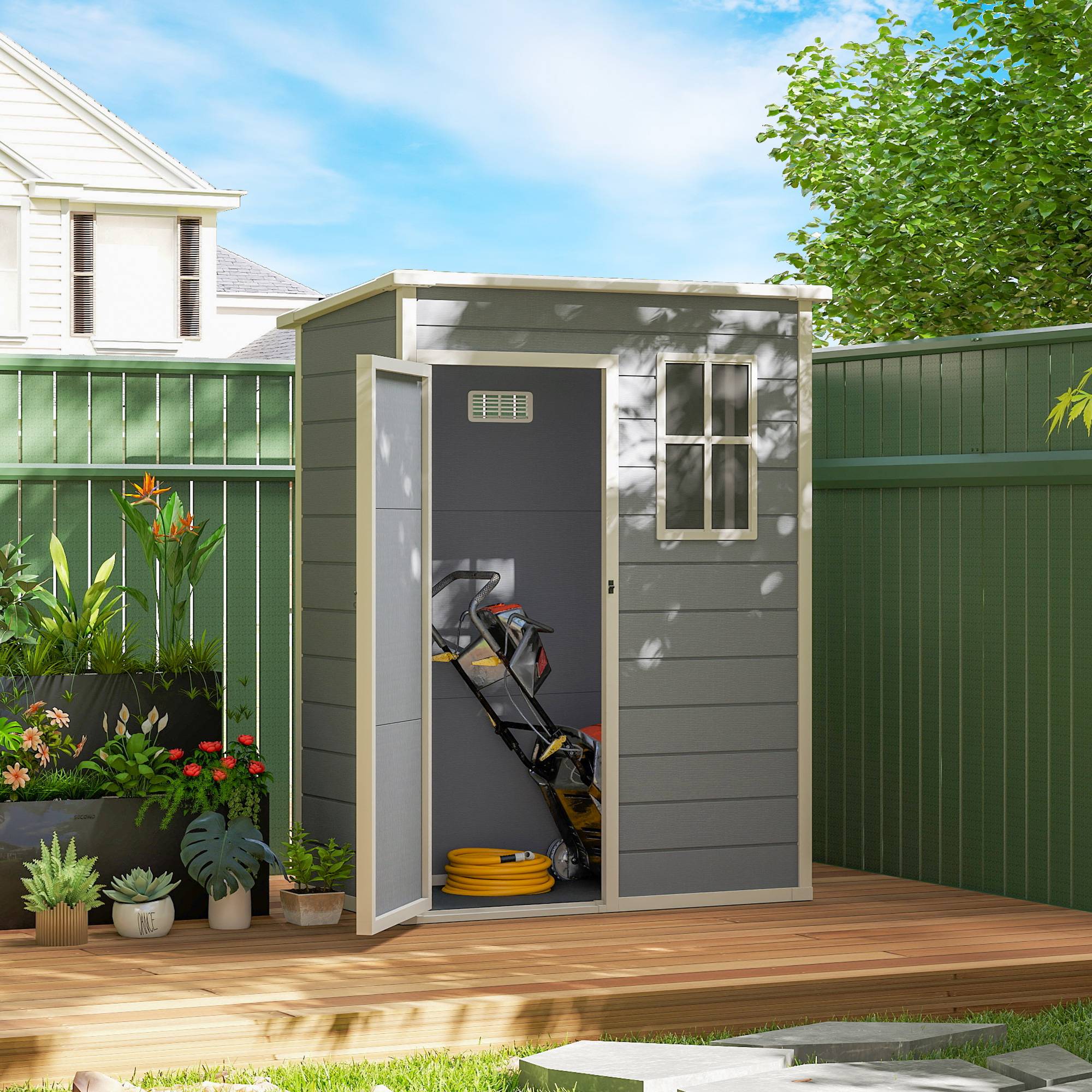 Abri de jardin plastique 1,14 m² 151x92x193 cm toit monopente plancher fenêtre gris cabane jardin rangement extérieur - Image 4