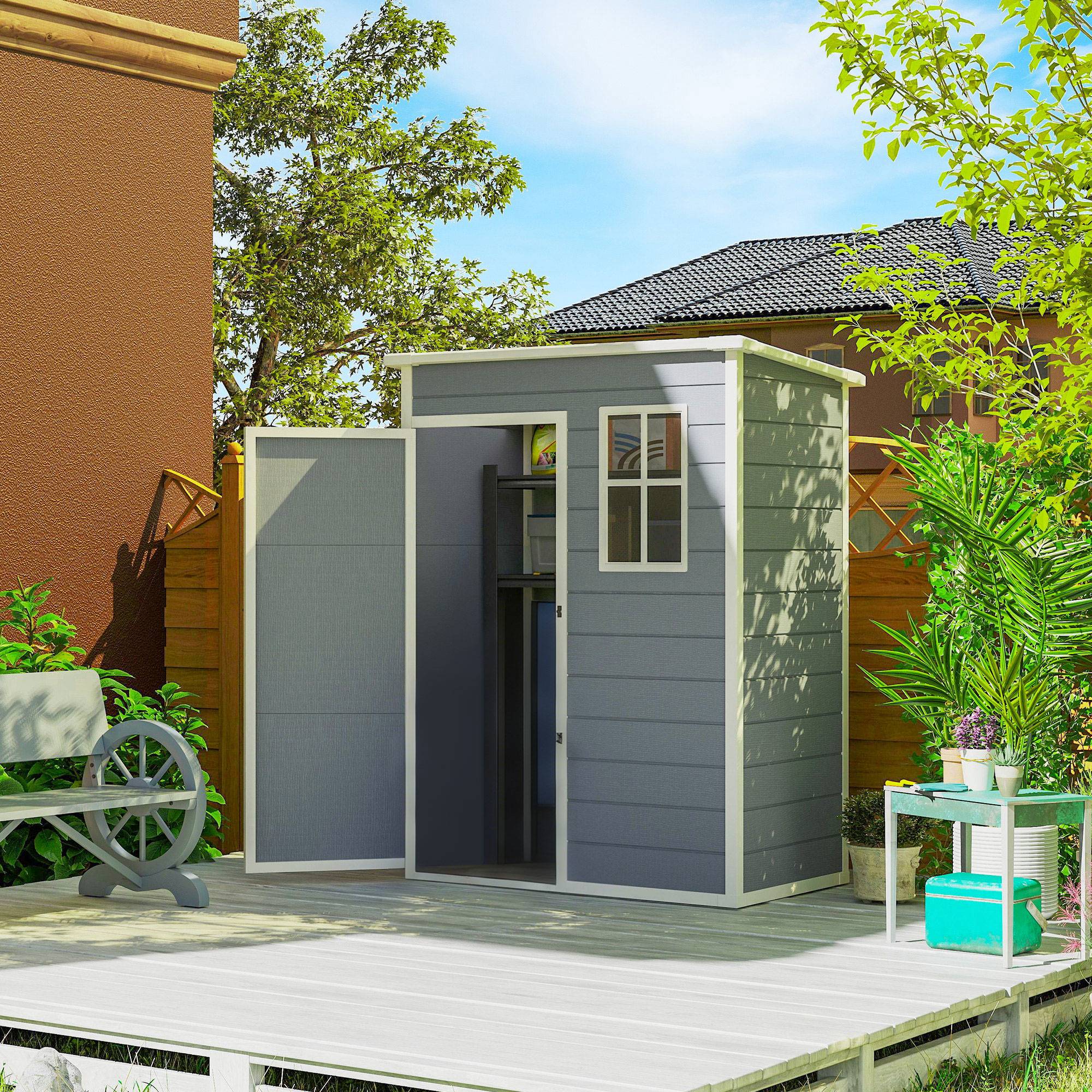 Abri de jardin plastique 1,14 m² 151x92x193 cm toit monopente plancher fenêtre gris cabane jardin rangement extérieur - Image 3