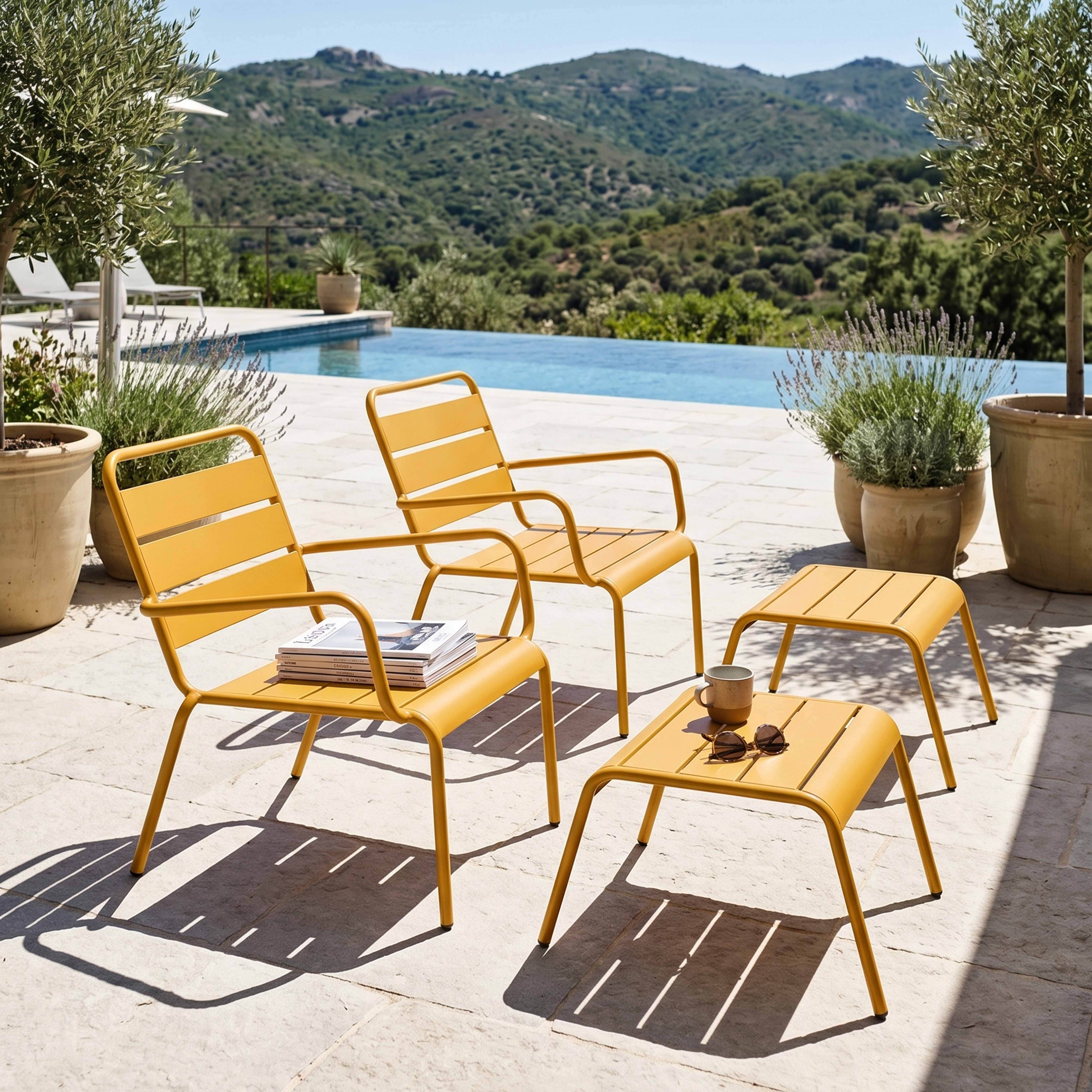 Oviala - Lot de 2 fauteuils relax avec repose-pieds en métal jaune Palavas - Oviala - Imagen 2