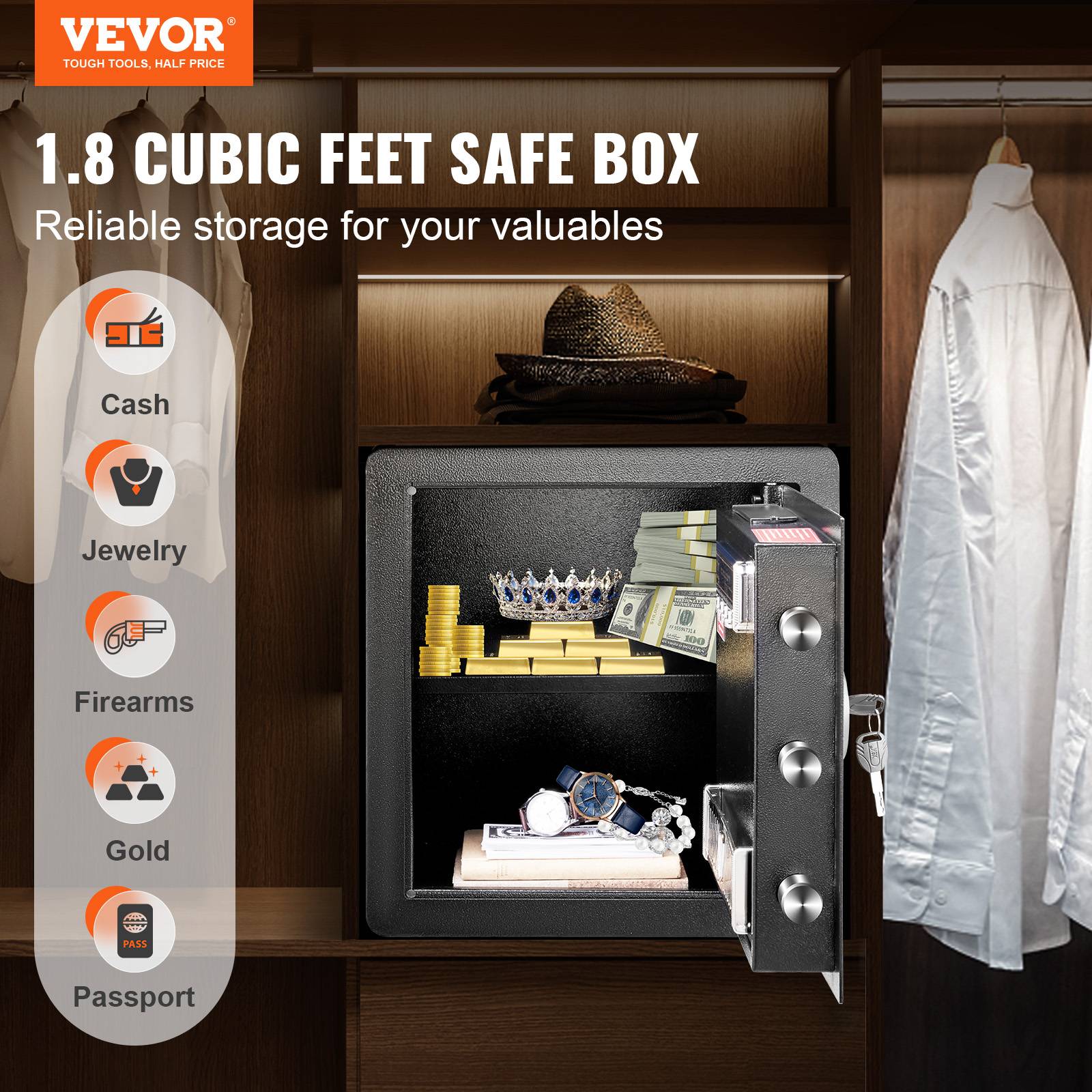 VEVOR Coffre-fort numérique 51L, 2 types déverrouillage mot de passe/clés, acier anti-effraction, alarme. - Image 2