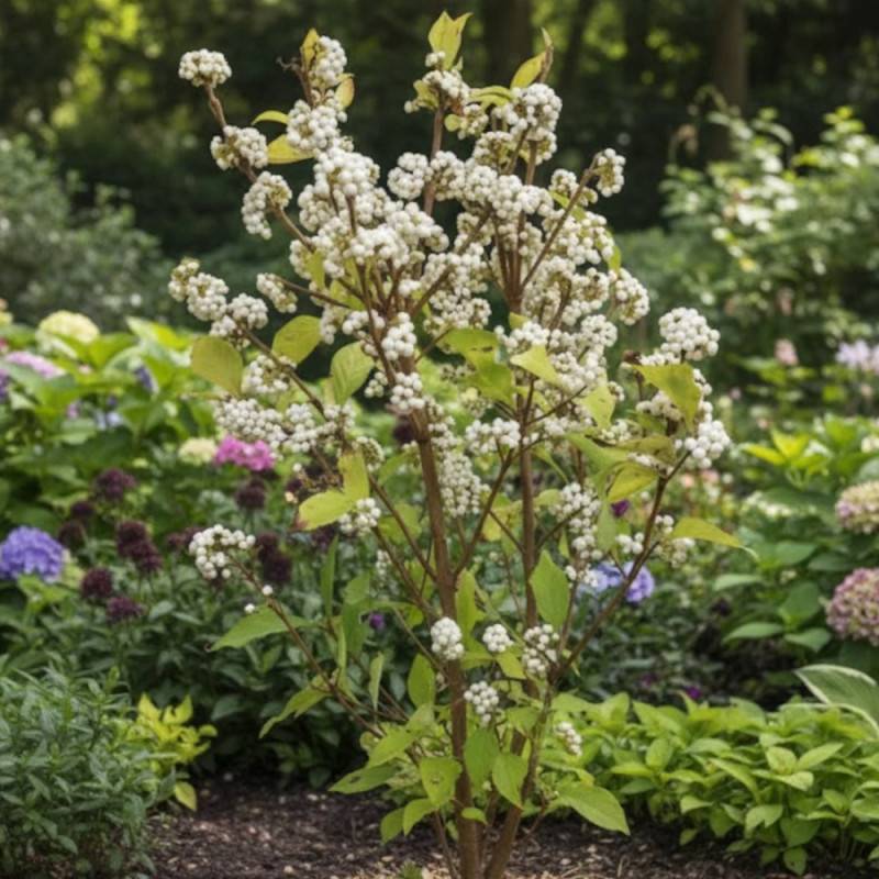 Callicarpa, Arbuste aux bonbons Magical® Snowstar 'Kolmsnostar' à fleurs Blanche - feuillage Caduc - Pot de 2L - 40/60 cm-  hauteur à maturité De 1,00 - Imagen 5