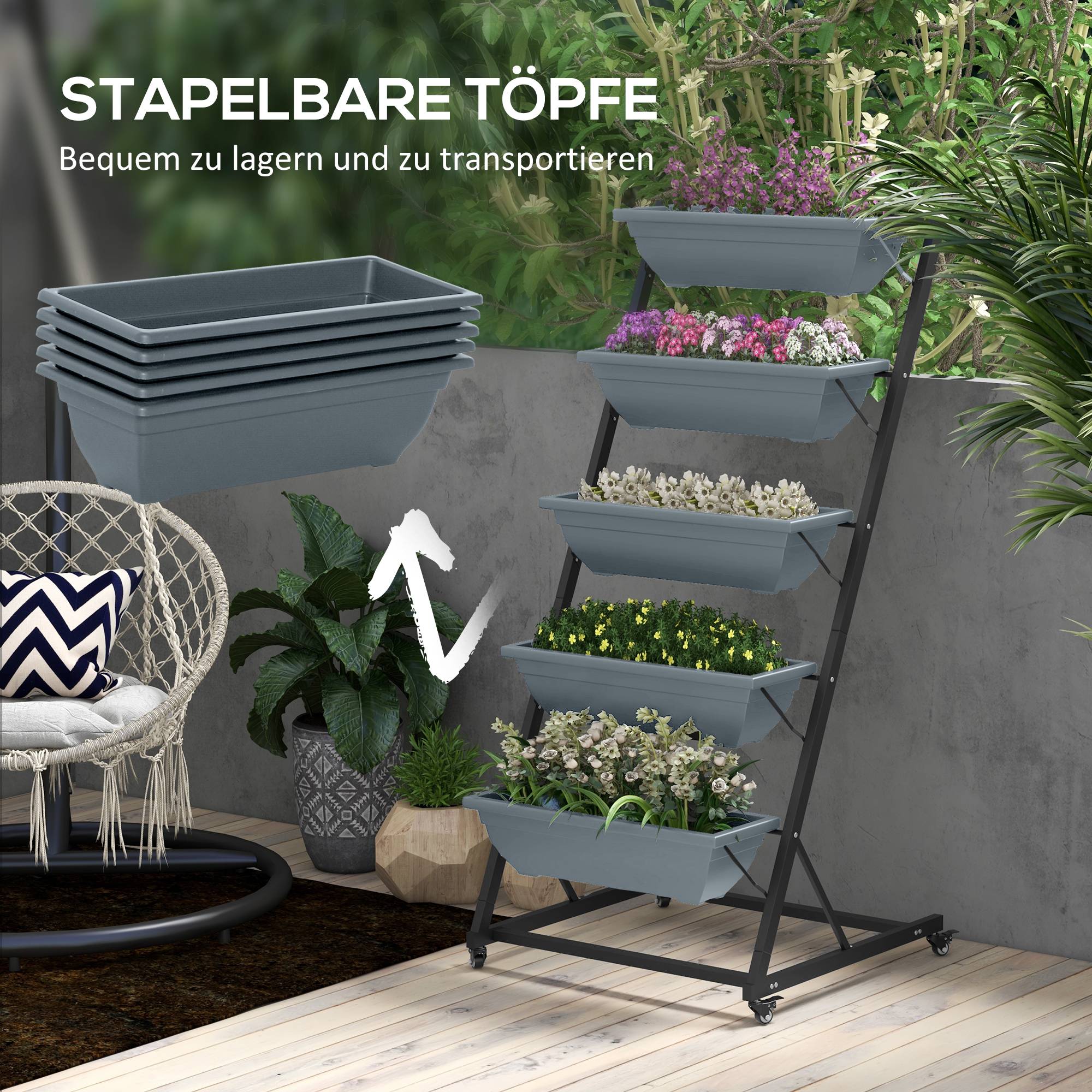 Escalier plantes, étagère, empilable, résistant intempéries, 65x67x145 cm, gris + noir - Image 10