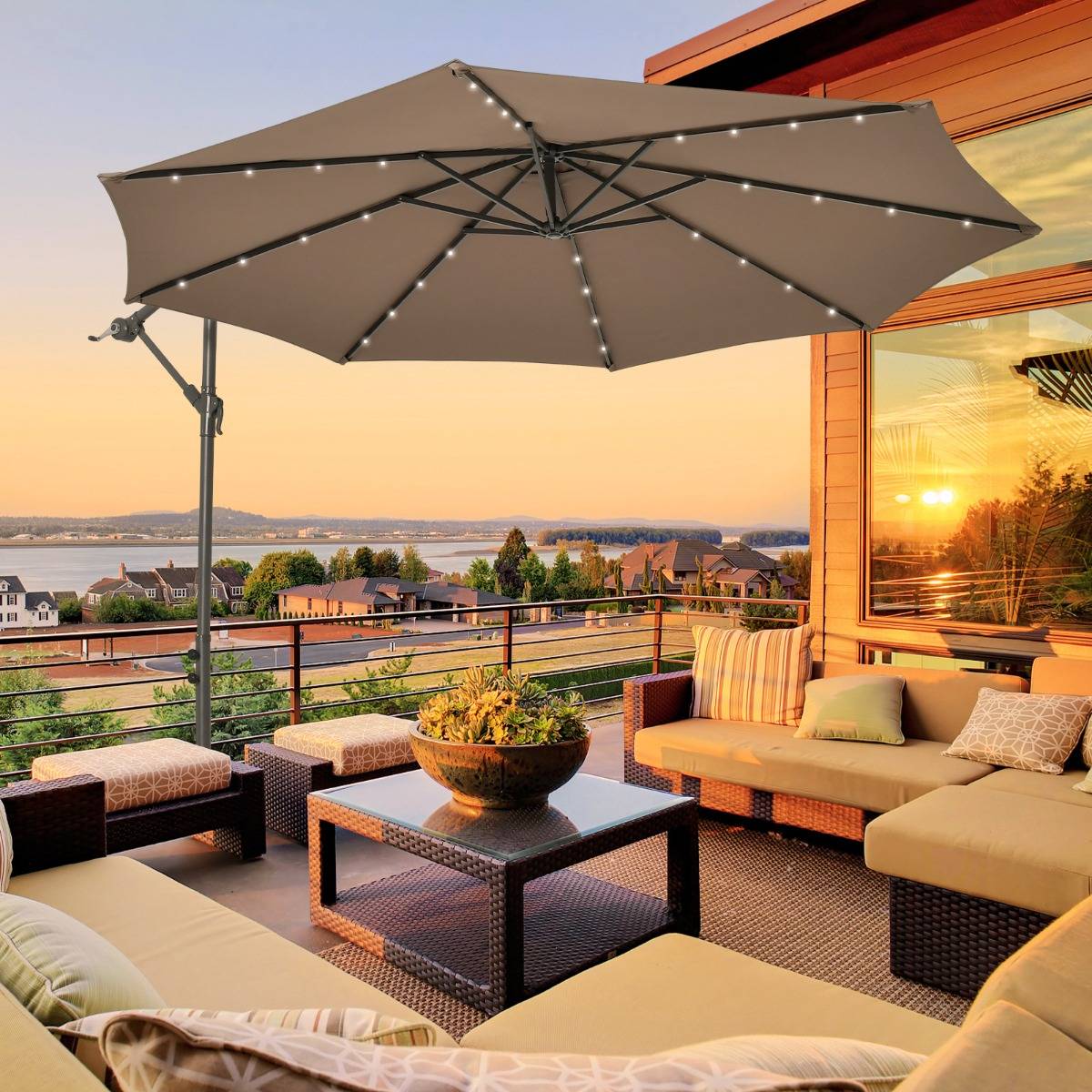 Maison Chic - Parasol Déporté de 3 m avec 32 Lumières LED Panneau Solaire Batterie, Sac de Sable Auvent Imperméable Parasol pour Jardin Piscine Patio Café - Image 2