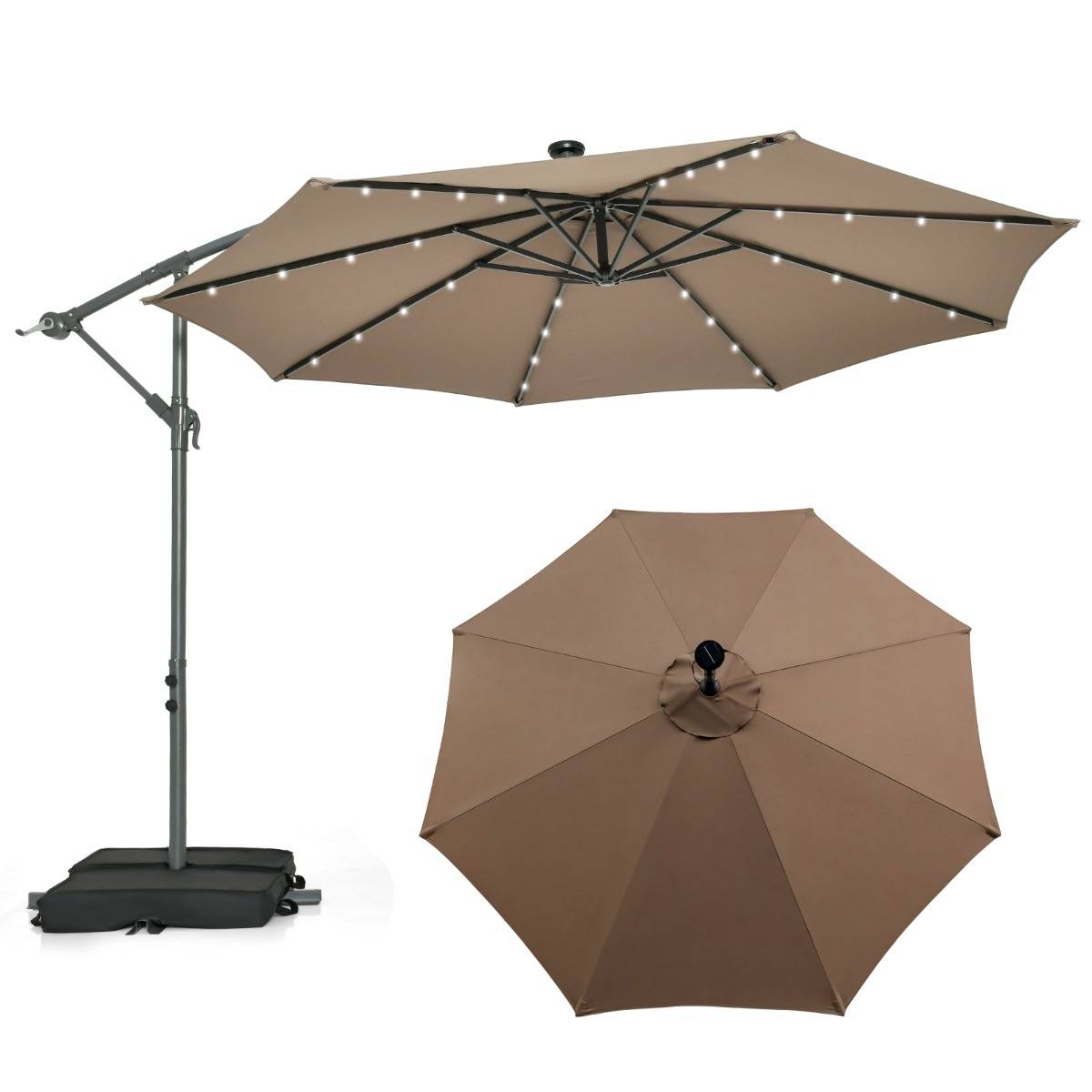 Maison Chic - Parasol Déporté de 3 m avec 32 Lumières LED Panneau Solaire Batterie, Sac de Sable Auvent Imperméable Parasol pour Jardin Piscine Patio Café - Image 1