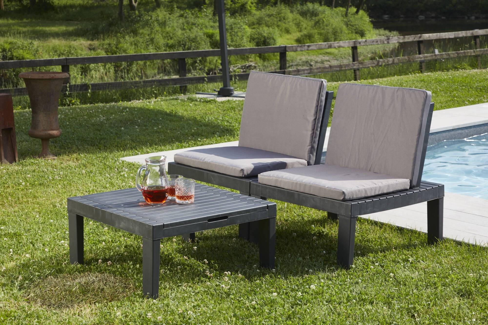 Dmora - Salon d'extérieur Dbaggi, Composition de jardin avec 2 sièges avec dossier et 1 module multifonction, Lounge avec coussins, Anthracite - Dmora - Imagen 5