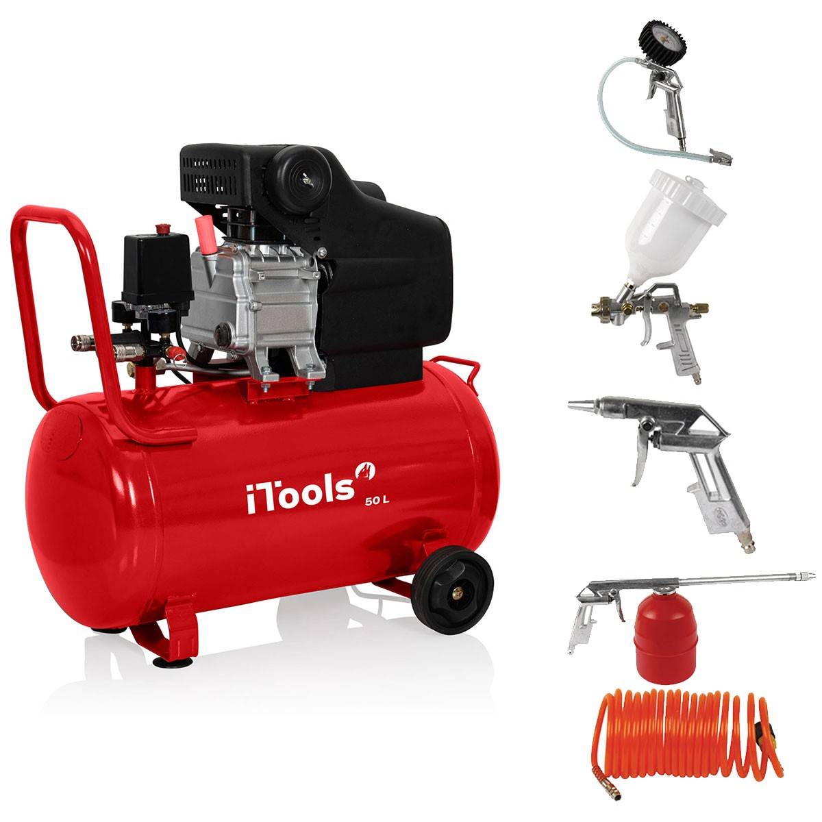 Compresseur d'air 50L 8 bar 115 PSI Silencieux 2CV 1.5KW + Kit 5 accessoires air comprimé ITOOLS - Imagen 1