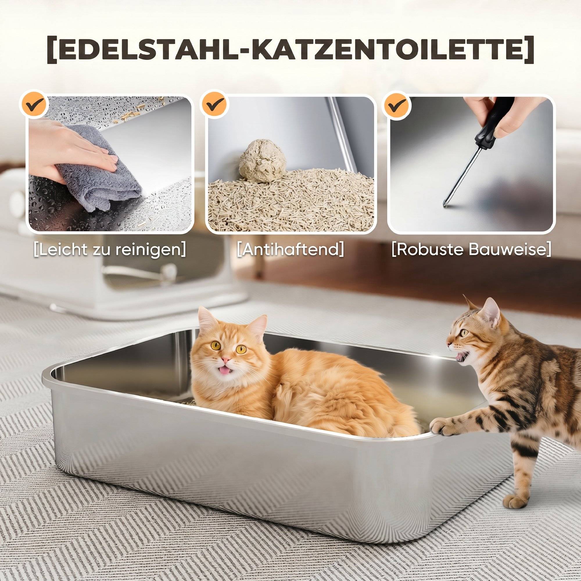 Litière chat acier inoxydable XXL couvercle rabattable côtés hauts entrée haute pelle blanc - Image 6