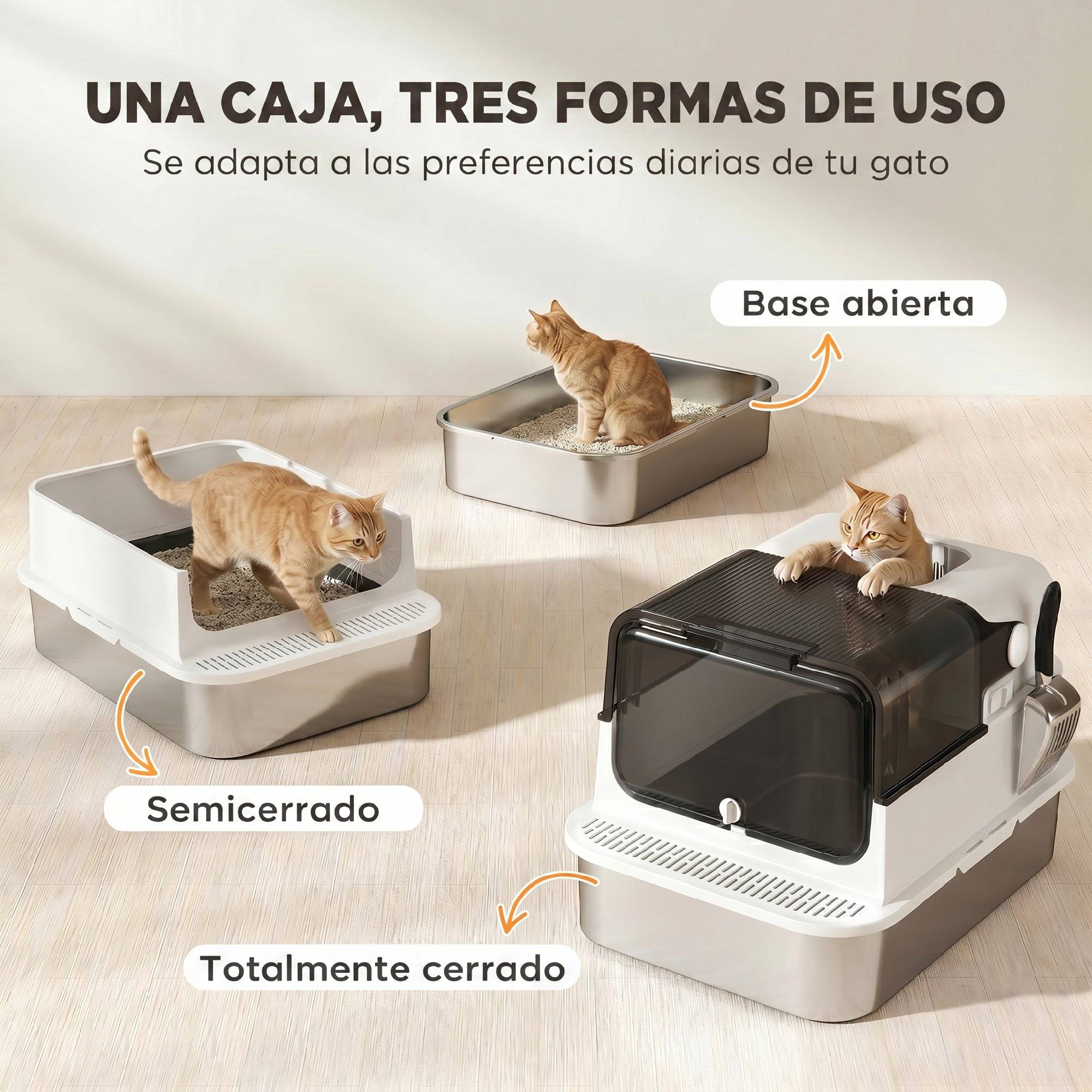 Litière chat acier inoxydable XXL couvercle rabattable côtés hauts entrée haute pelle blanc - Image 8