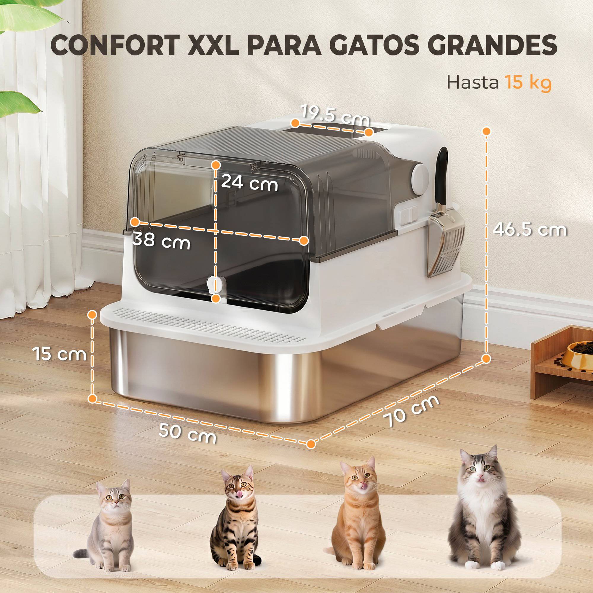 Litière chat acier inoxydable XXL couvercle rabattable côtés hauts entrée haute pelle blanc - Image 5