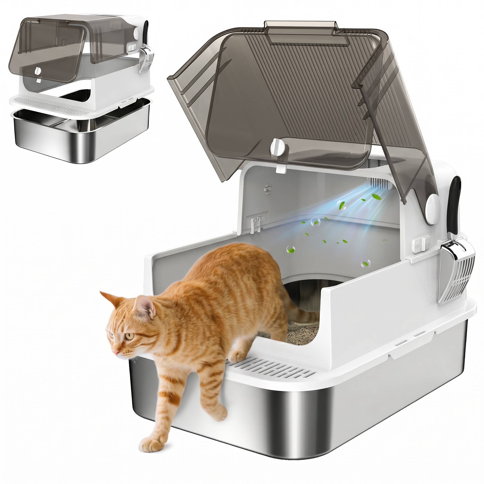 Litière chat acier inoxydable XXL couvercle rabattable côtés hauts entrée haute pelle blanc