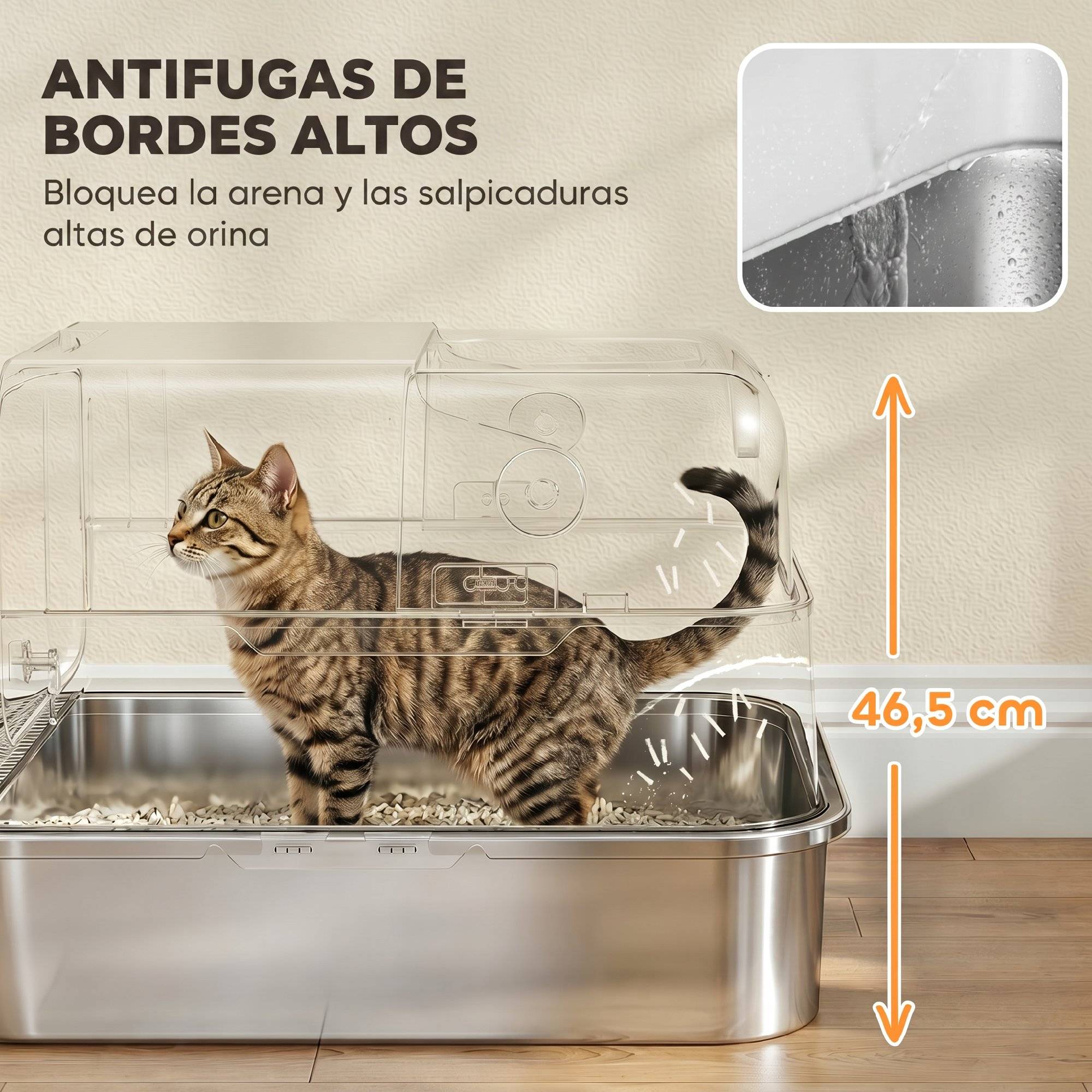 Litière chat acier inoxydable XXL couvercle rabattable côtés hauts entrée haute pelle blanc - Image 7