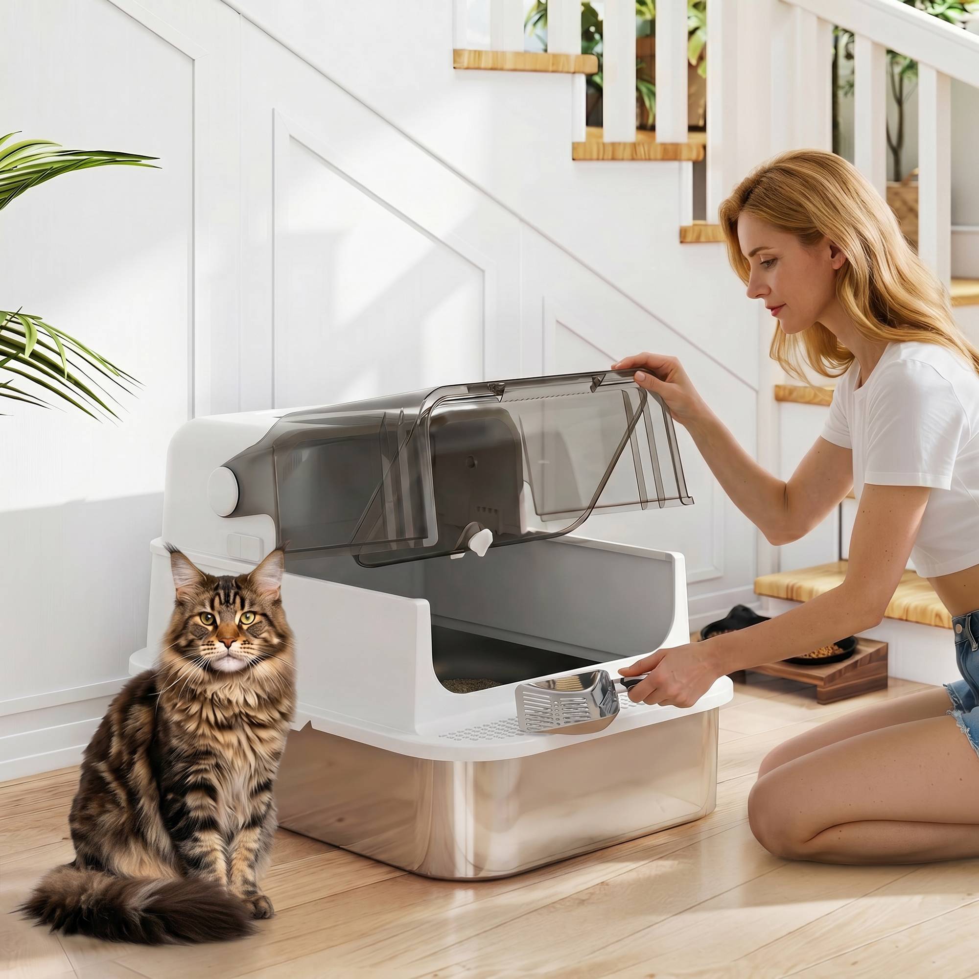 Litière chat acier inoxydable XXL couvercle rabattable côtés hauts entrée haute pelle blanc - Image 3