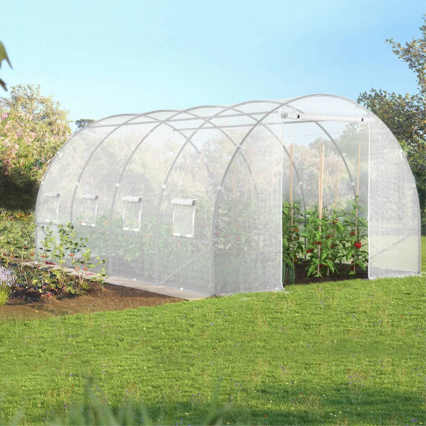 IDMARKET - Bâche de rechange pour serre de jardin tunnel 12m² 4 x 3 x 2 m anti-UV avec porte et fenêtres ZEBRA blanche - Image 1