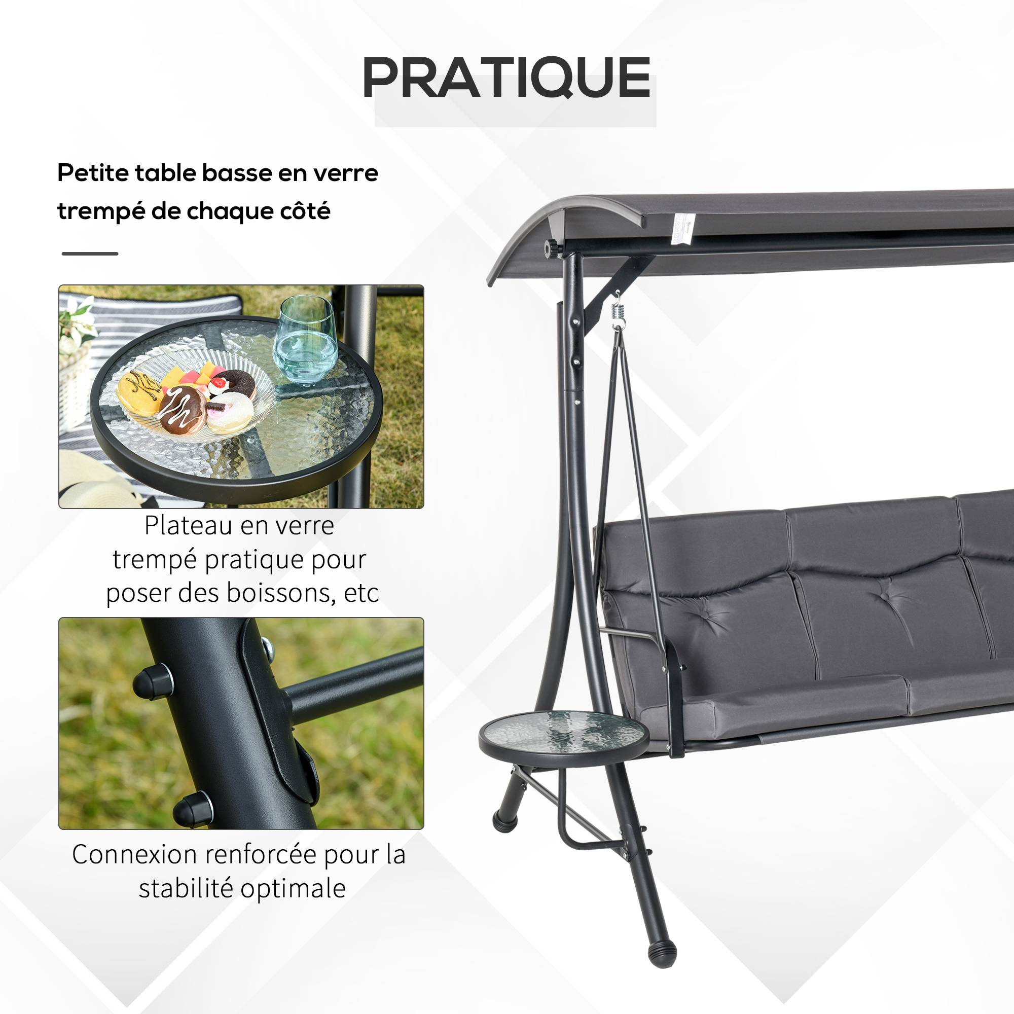 Outsunny - Balancelle de jardin 3 places grand confort toit inclinaison réglable épais coussins amovibles 2 tablettes polyester métal époxy gris - Outsunny - Imagen 3