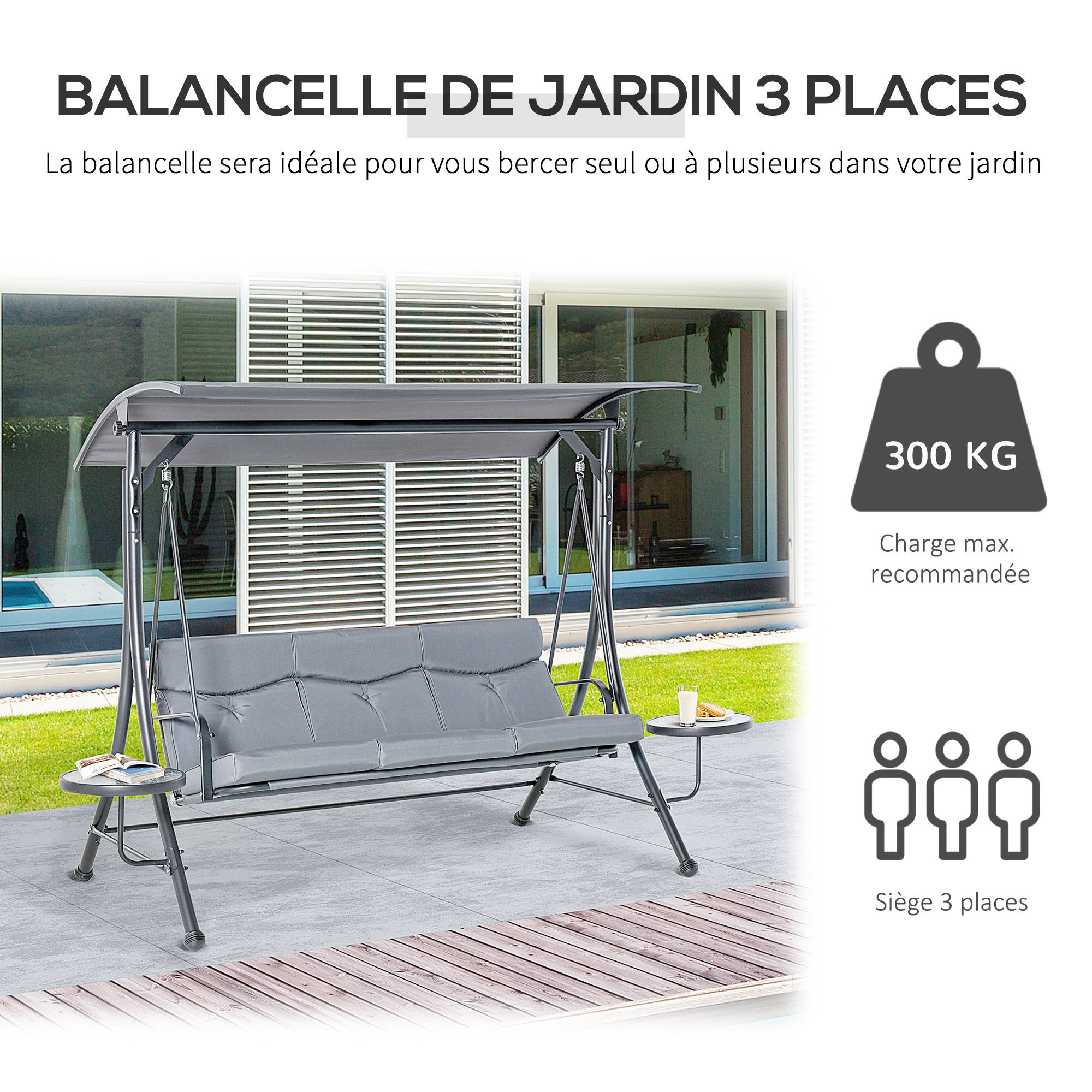 Outsunny - Balancelle de jardin 3 places grand confort toit inclinaison réglable épais coussins amovibles 2 tablettes polyester métal époxy gris - Outsunny - Imagen 5
