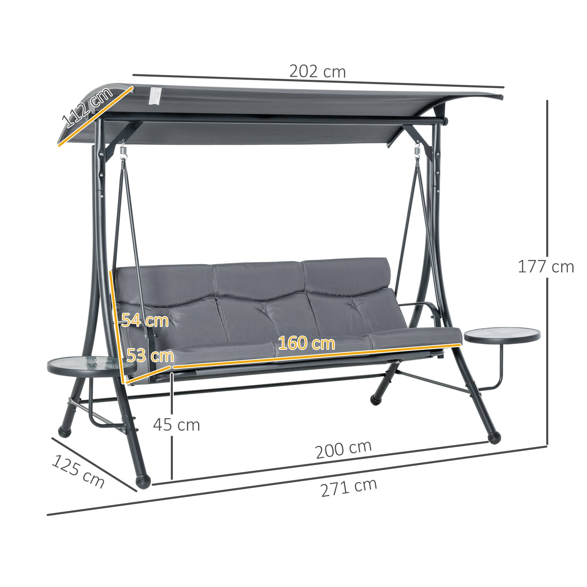 Outsunny - Balancelle de jardin 3 places grand confort toit inclinaison réglable épais coussins amovibles 2 tablettes polyester métal époxy gris - Outsunny - Imagen 2