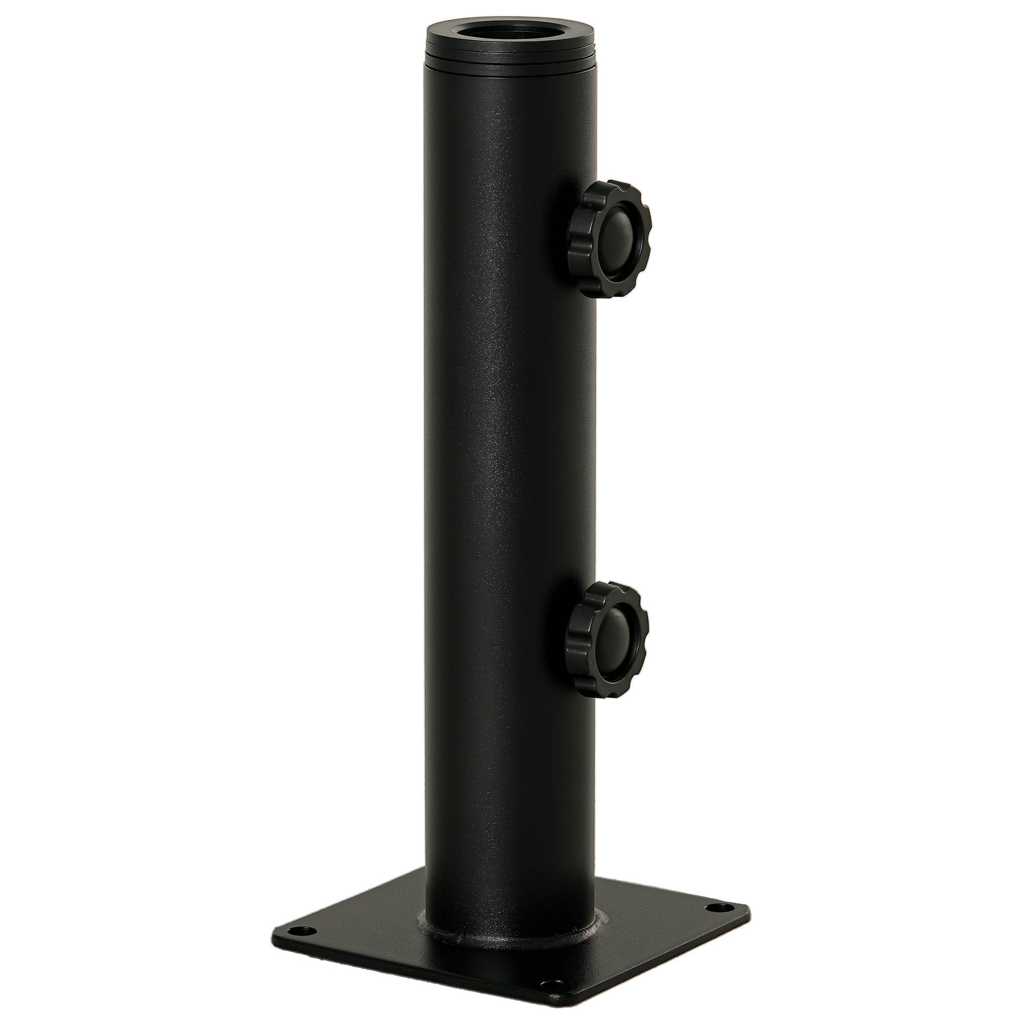 Support parasol sol beton, 2 boutons verrouillage, 4 vis expansion, mats 34/38/48mm, 12x12x30 cm noir