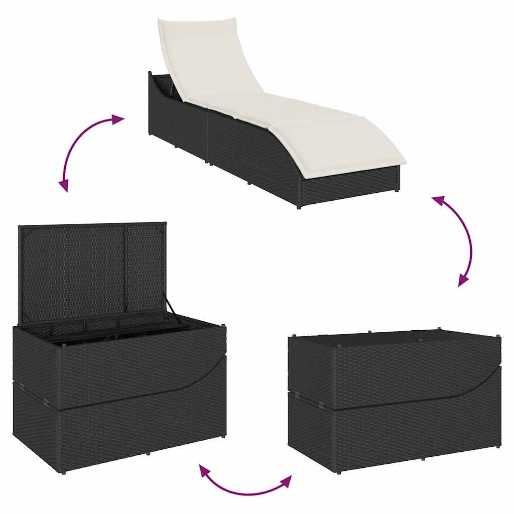 Chaise longue | Transat | Bain de soleil pliante coussin et rangement noir résine tressée - Image 9