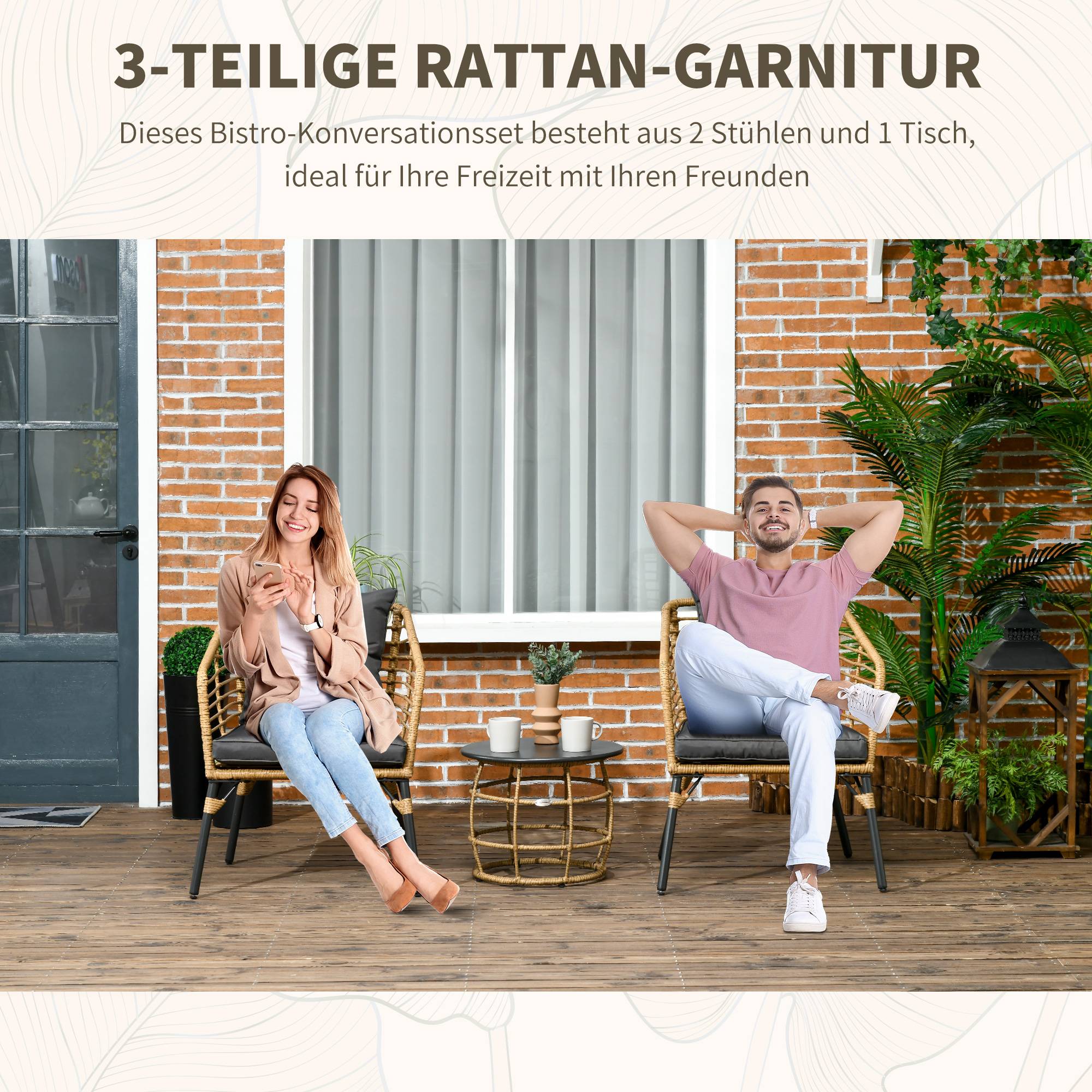 ComfortXL - Ensemble bistro de jardin 3 pièces en résine tressée sable gris foncé 2 fauteuils et table pour terrasse - Image 6