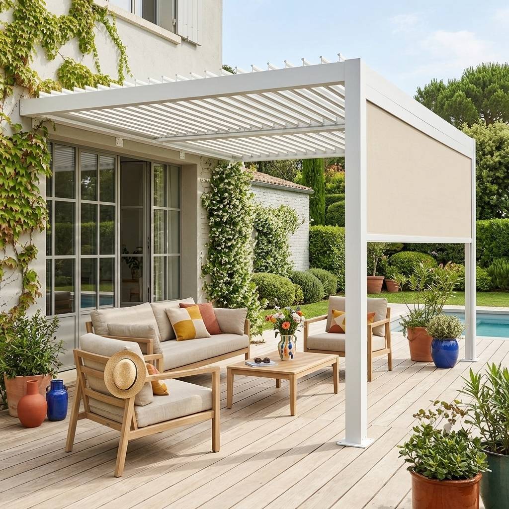 sweeek - Pergola bioclimatique aluminium adossée 4x3m blanc + 1 store 4m Palace | sweeek
