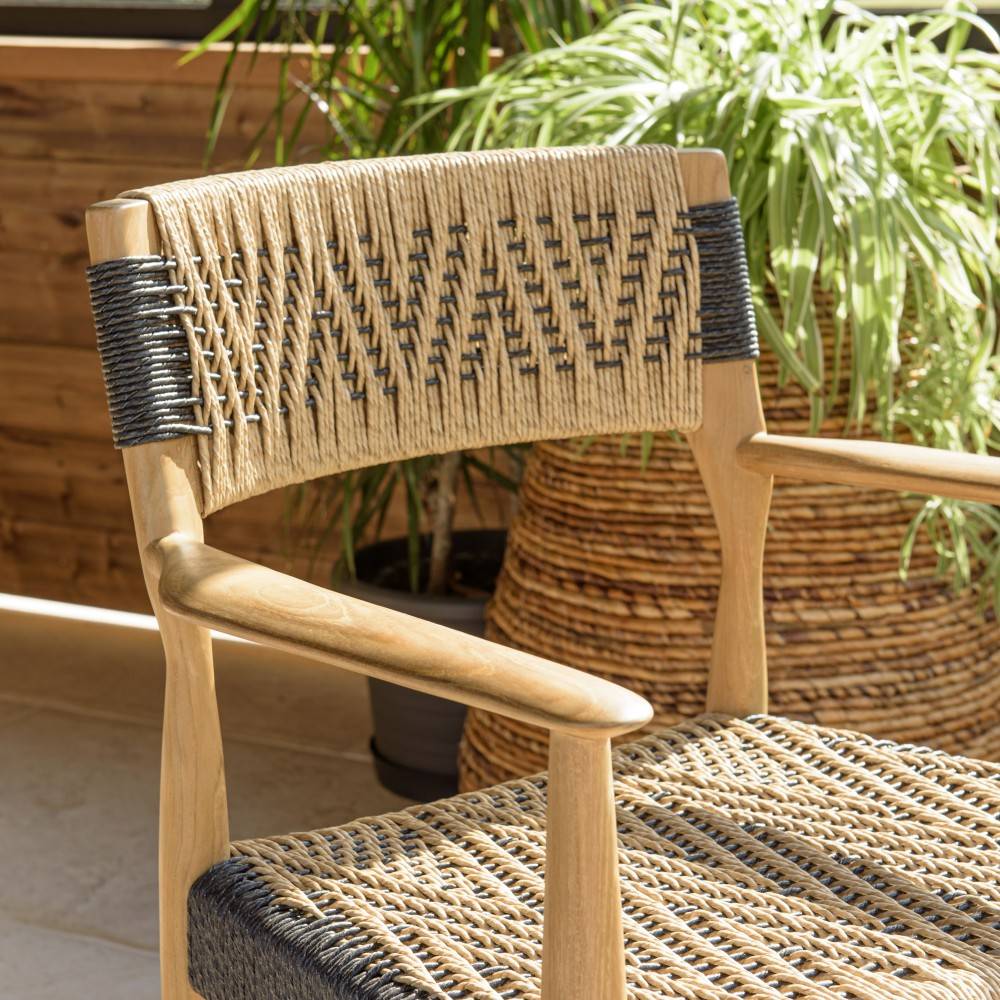 Macabane - VALERIA - Lot de 2 fauteuils jardin en bois teck rotin beige / noir - Imagen 7