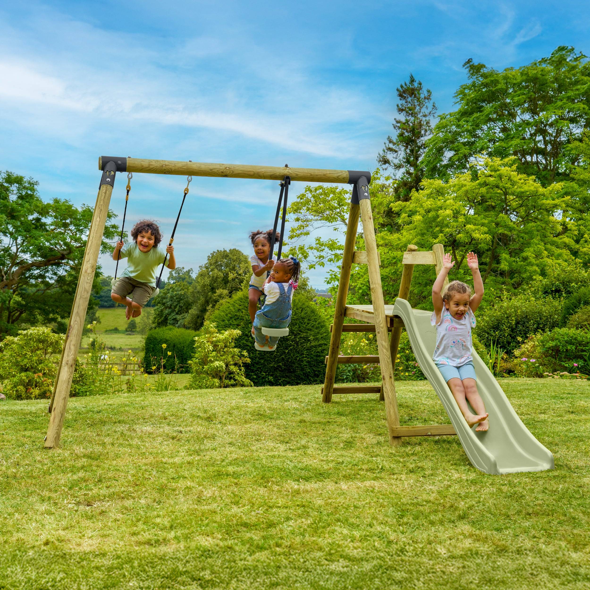 Tp Toys - Station de jeux en bois Arbousier FSC H.190 cm avec balançoire, vis-à-vis, toboggan et kit d’ancrage – TP TOYS - Image 1