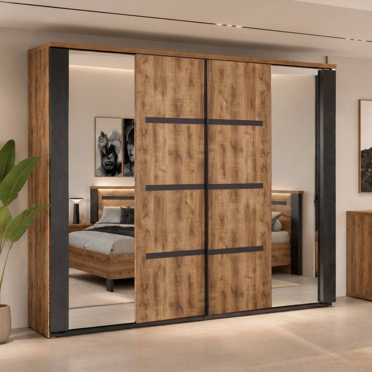 ALTOBUY - Armoire portes coulissantes 245cm aspect chêne artisan et graphite - ANDES - Image 2