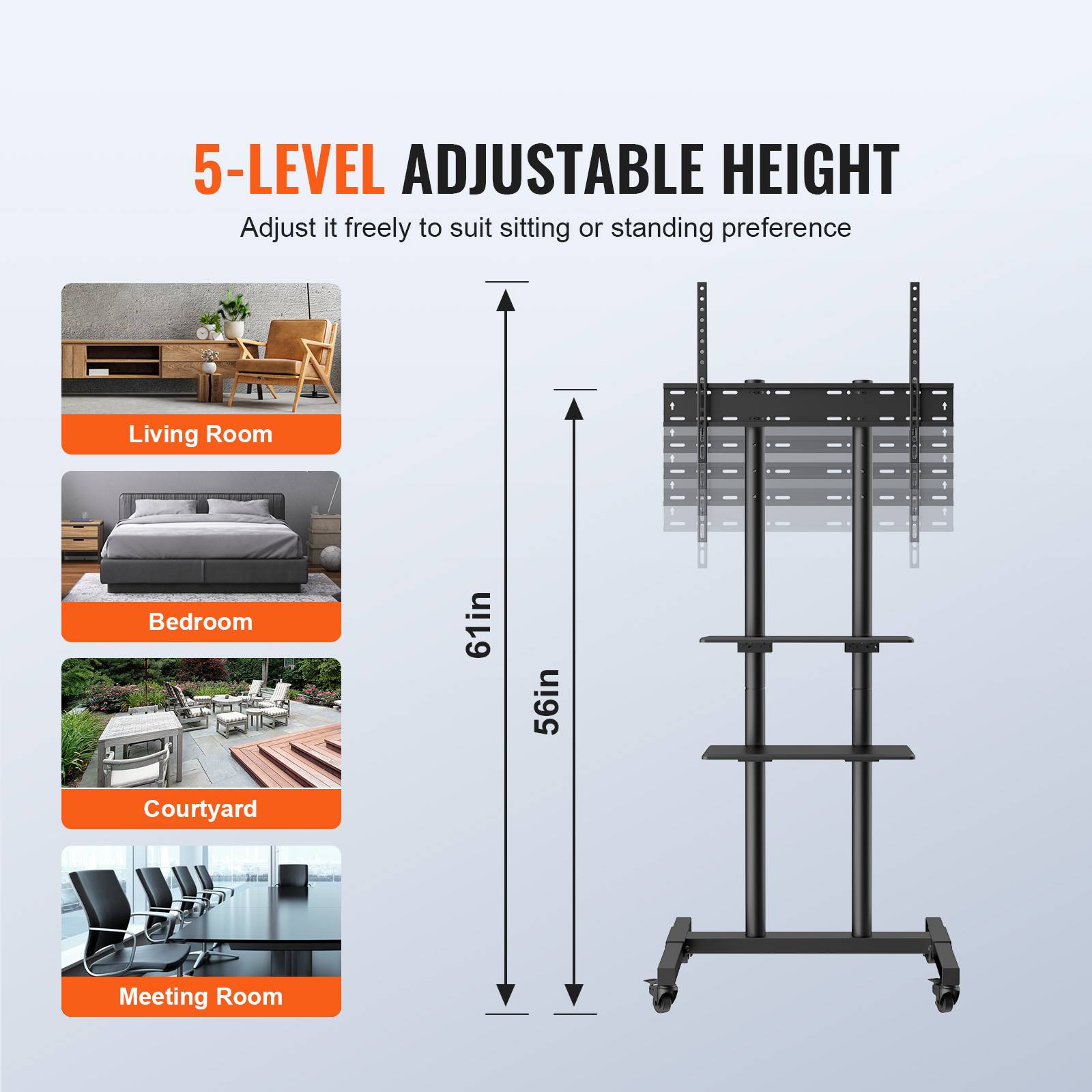 VEVOR Support TV sur pied universel 32-70'', hauteur réglable 151-170cm, charge 60kg, VESA 400x600mm. - Image 3