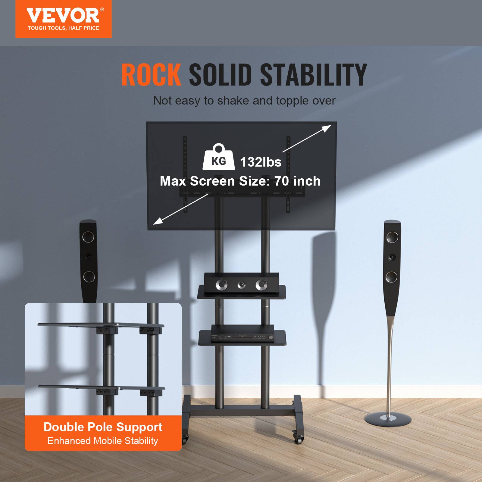 VEVOR Support TV sur pied universel 32-70'', hauteur réglable 151-170cm, charge 60kg, VESA 400x600mm. - Image 2